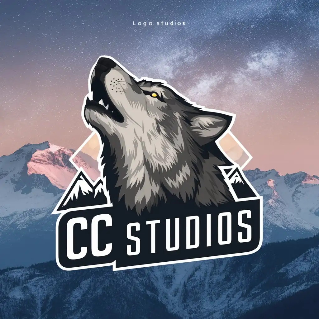 a logo design,with the text "CC Studios", main symbol:Howling wolf, sky, stars, mountains,Moderate,be used in Entertainment industry,clear background