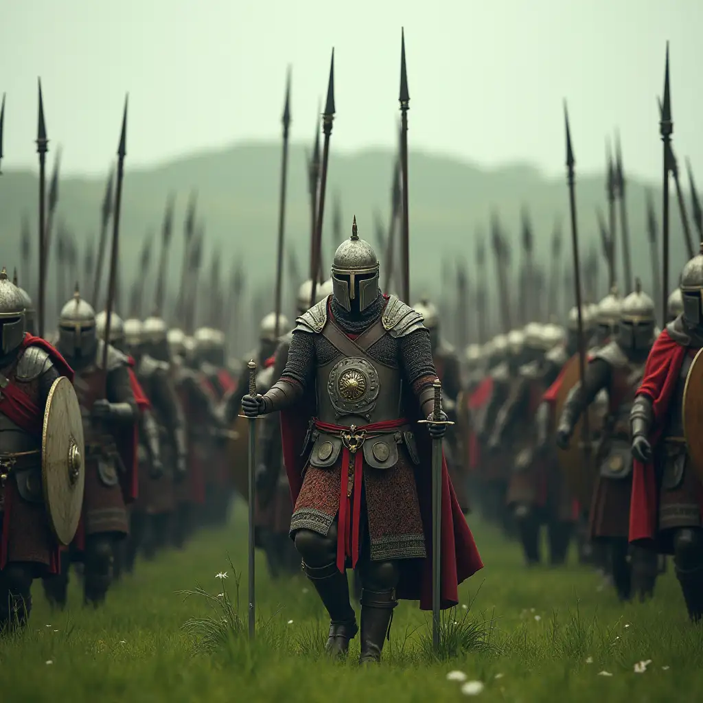 A thousand warriors armed with swords and shields on a green plainUltra photoreal