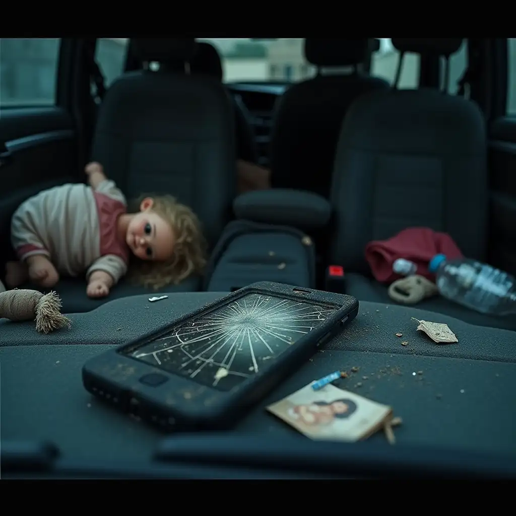 A heart-wrenching scene showing the inside of a crashed car, depicting the aftermath of a tragic accident. The camera angle is from the front windshield, looking inside the car. Inside, the personal belongings of the family are scattered across the seats and floor. A dusty child’s doll lies on the passenger seat. A broken smartphone rests on the dashboard, its screen cracked, displaying a faint reflection of the surroundings. The car's interior is in disarray, with other items like a spilled water bottle and a torn family photo scattered among the debris. The lighting is dim, with a soft glow inside the car creating a melancholic atmosphere.