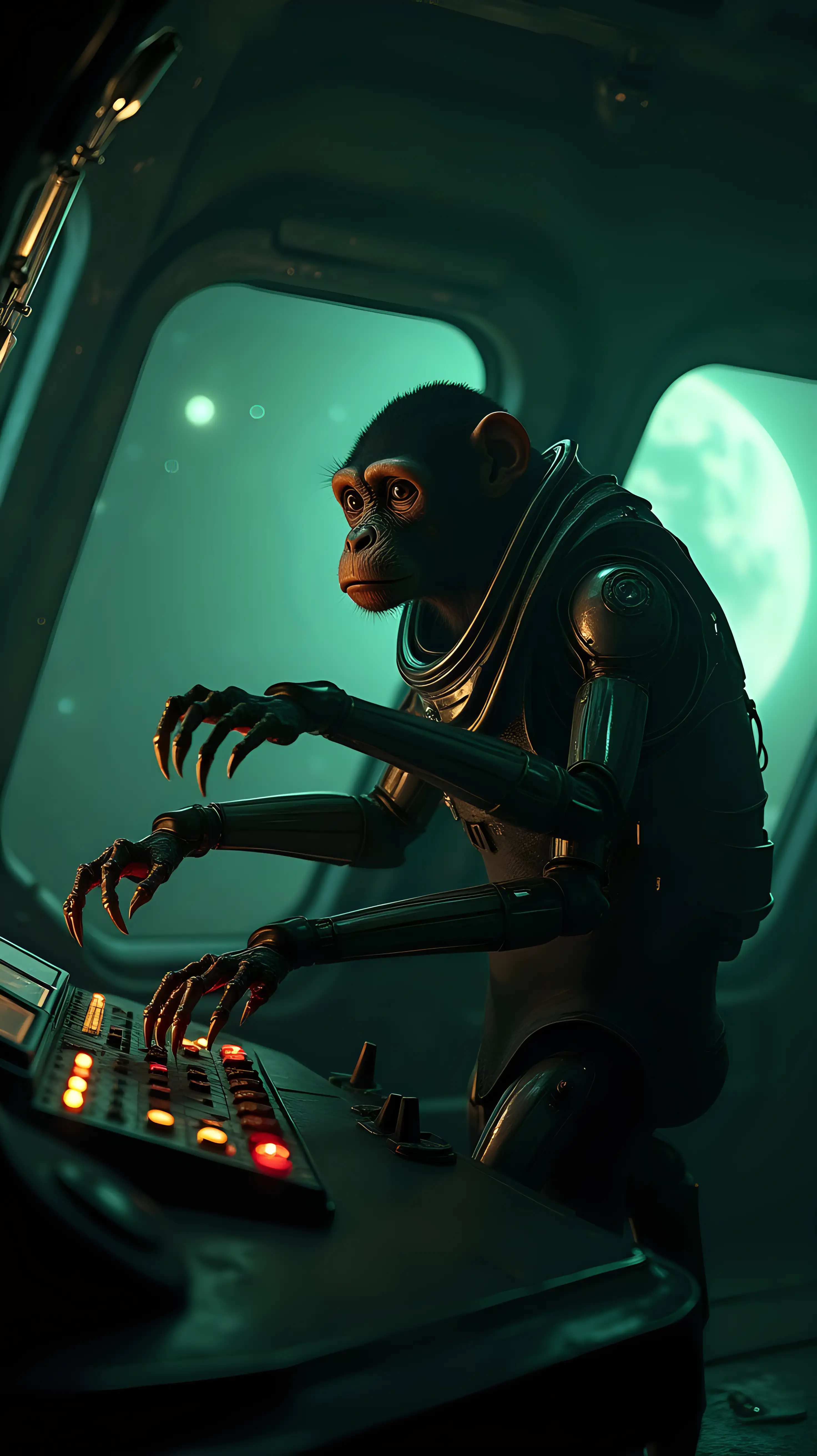 AnimalRobot-Hybrid-Monkey-with-Four-Arms-in-Space-Suit-Operating-Controls