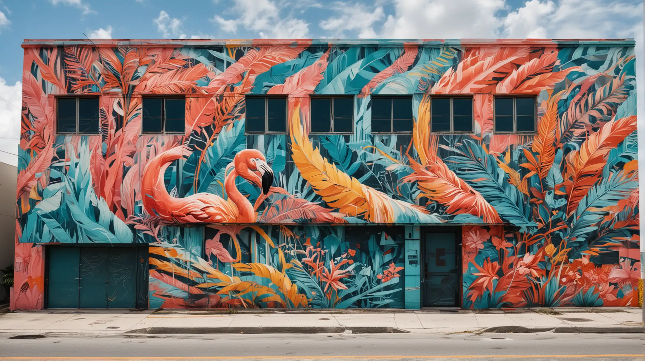 An abstract graffiti mural covering the entire side of a building in the style of Wynwood, Miami, representing the vibrant essence of the city. The design features bold, dynamic shapes and patterns inspired by Miami's iconic elements: flowing lines evoking ocean waves, geometric art deco patterns, and tropical motifs like palm fronds and flamingo feathers. The color palette is vibrant, with shades of turquoise, coral pink, sunny yellow, and deep orange blending seamlessly. The mural transforms the building into a striking landmark, exuding energy and creativity, and reflecting Miami’s artistic and cultural heartbeat with a modern, abstract aesthetic.