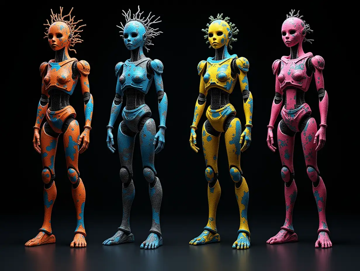 Differently coloring Complex-Horizon-Fractals mixed colors humanoid robots with Complex-Horizon-Fractals body and Fracta-Bald with root on the head, with black background vibrant