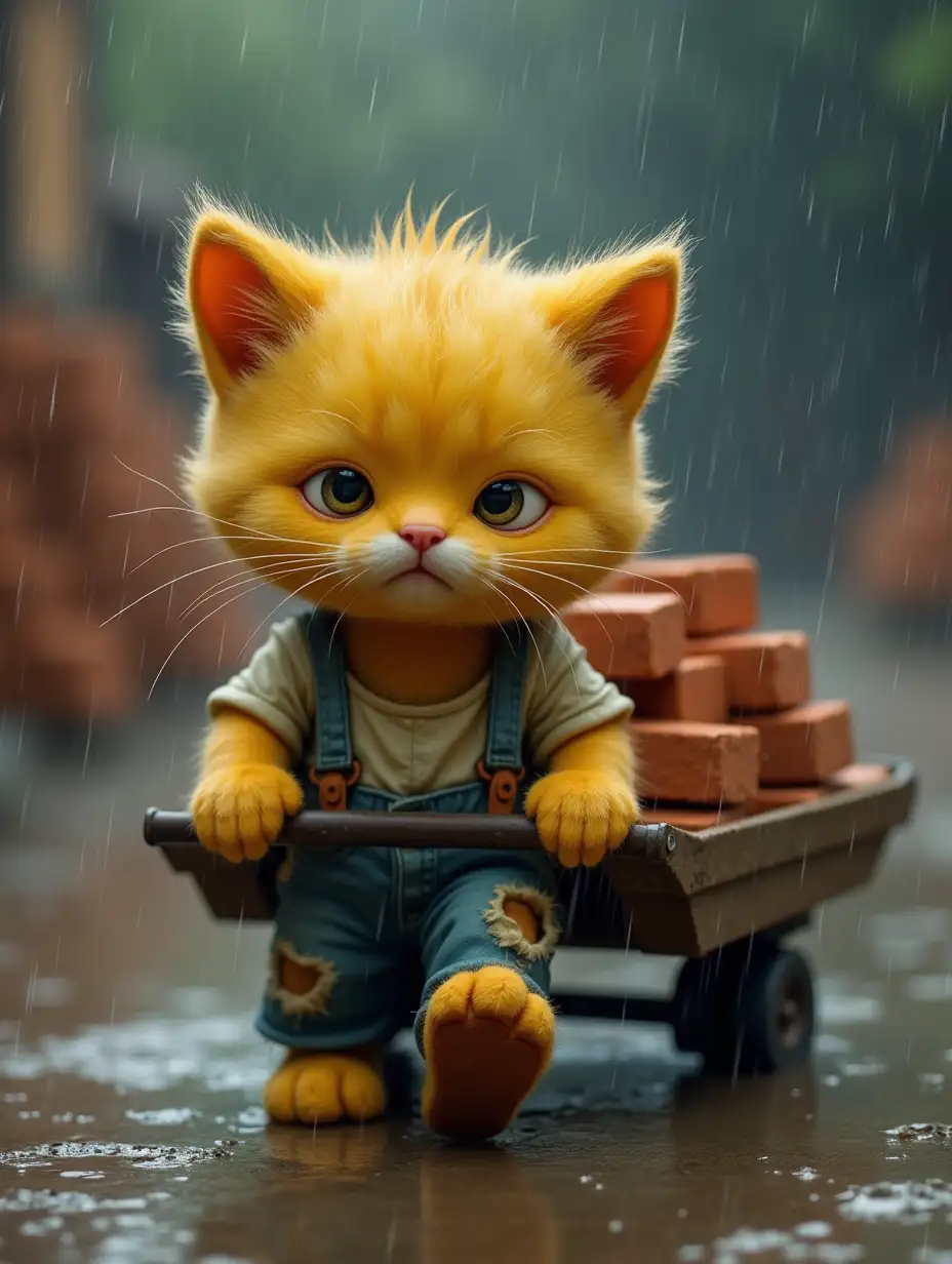 The yellow kitten, with a dirty shirt and torn pants, soaked in rain, is pushing a cart loaded with bricks, looking sad. In the background, bricks are piled up, and rain continues to fall.