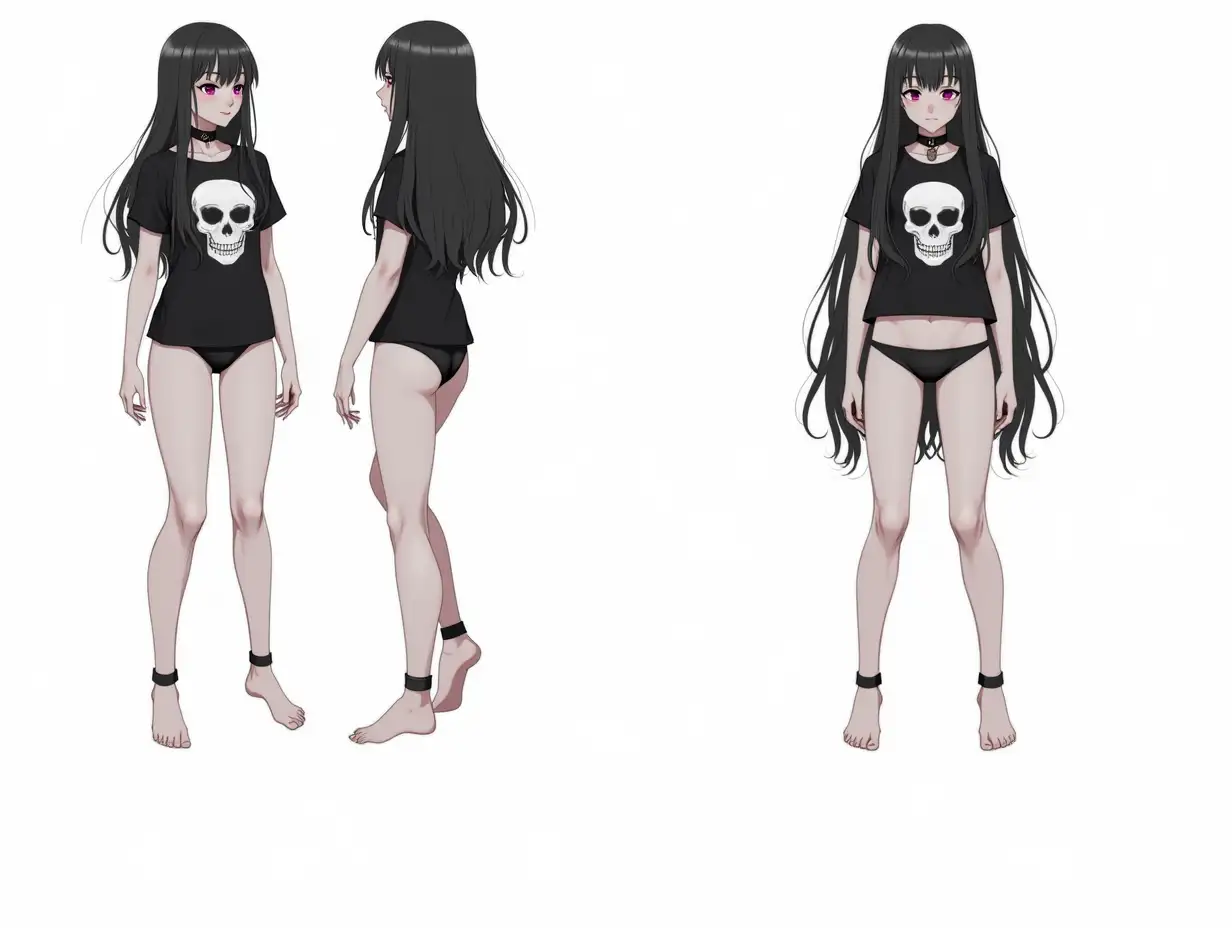 A full-body character sheet of a Gothic-style young adult woman with long black hair. She is wearing a black t-shirt with a skull logo, a choker around her neck, and a thong. She is barefoot. The background is white.