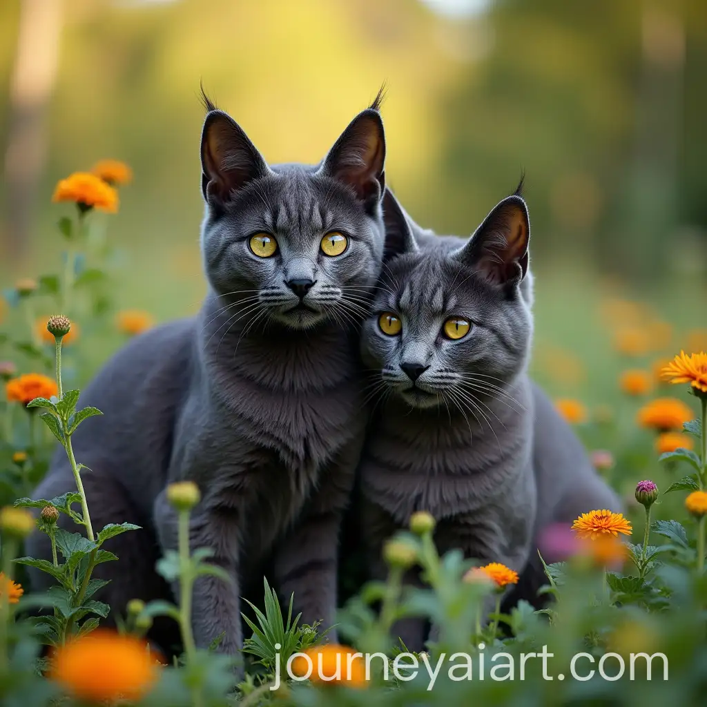 Cat-and-Lynx-Sitting-Together-in-Colorful-Garden