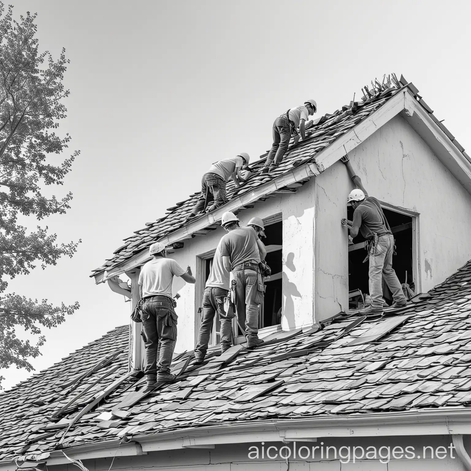 Construction-Workers-Repairing-Roof-of-Dilapidated-House