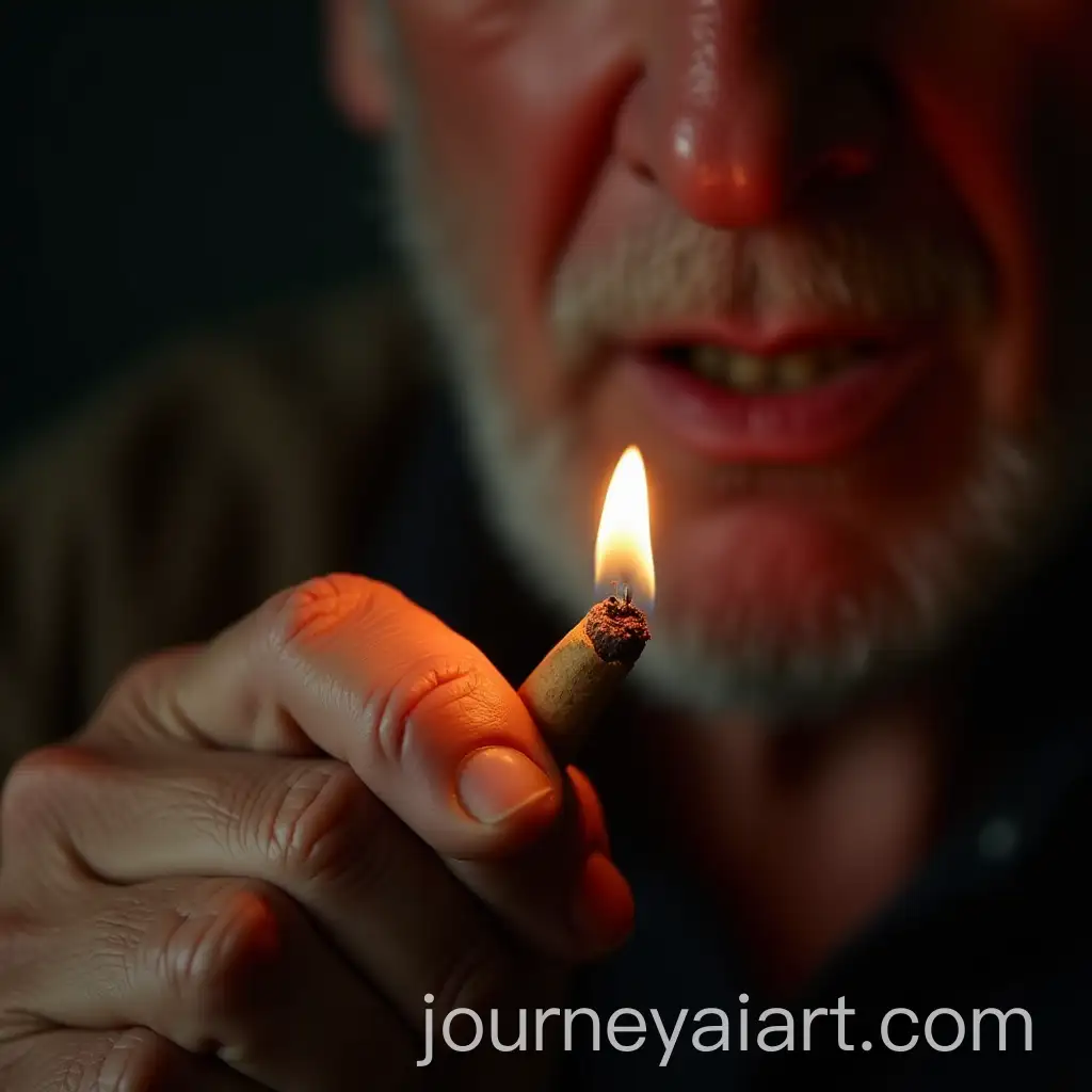CloseUp-of-Calloused-Hand-Lighting-Cigar-with-Grimacing-Head-Reaction
