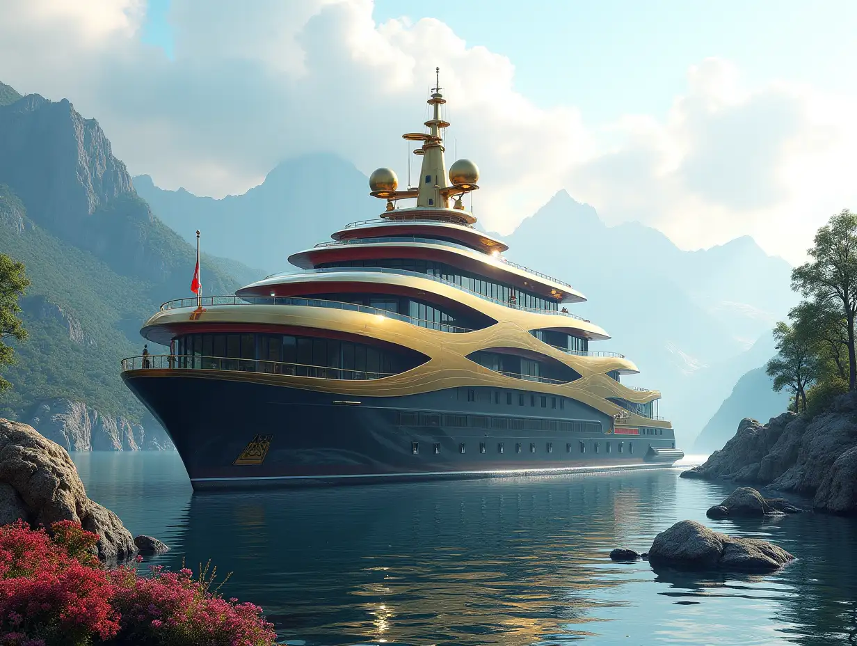 Create a high-resolution realistic image in 4k resolution a futuristic gold building with black blue red architecture curved columns, mountains large trees, rocks flowers a futuristic very large yacht with glass window cloudy sky