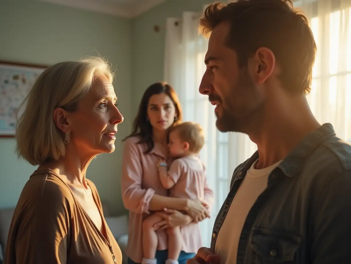 a 60 year old woman arguing with 25 year old man in a room in an apartment. A sunny day, close-up. A young woman in her 30s with a baby in her arms stands between them in the background. Maximum realism, detail