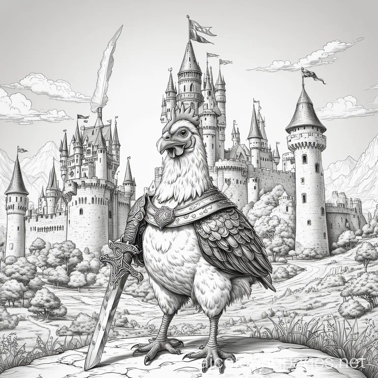 Chicken-Knight-Coloring-Page-with-Castle-Background