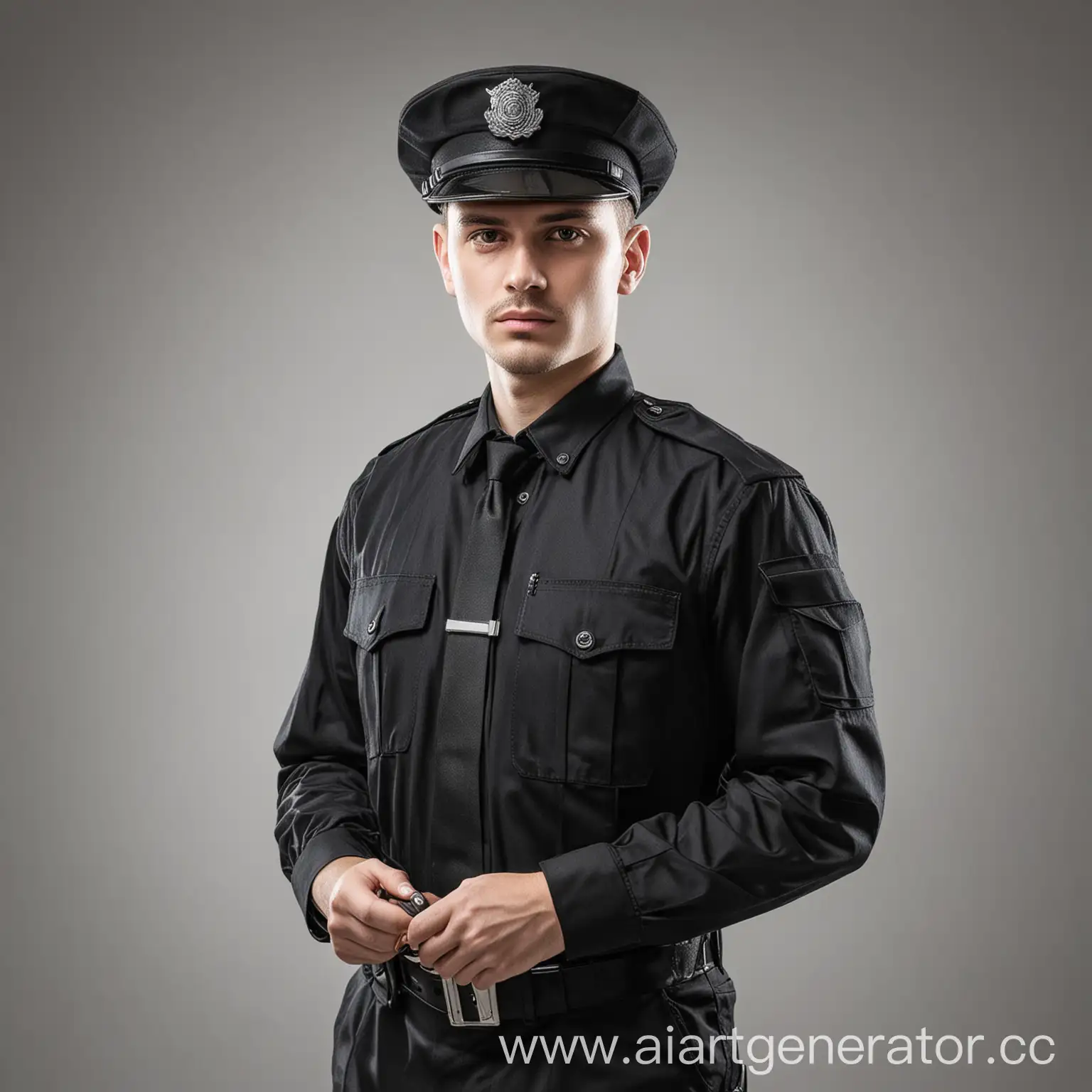 Serious-Security-Guard-in-Black-Uniform-on-White-Background