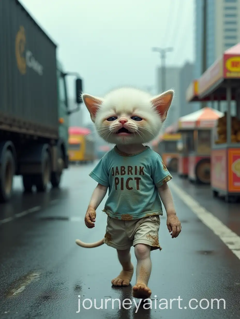 Injured-Cat-Walking-on-Rainy-Highway-with-Kiosks-and-Snack-Carts