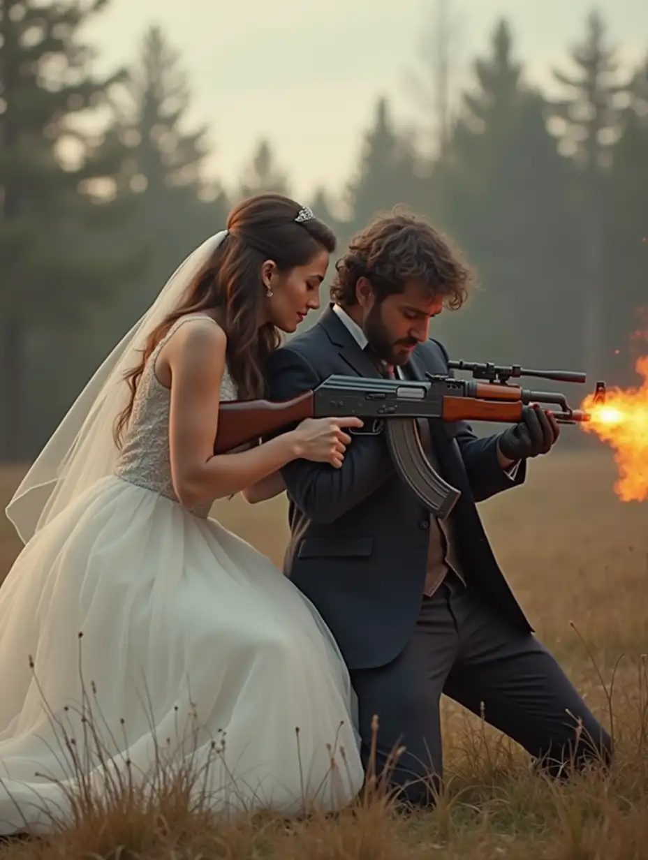 A couple of male and female lovers, the woman is wearing a wedding dress, and the man is wearing a jacket and suit. They both have AK assault rifles in their hands. Then they bend their backs, crouch and squat while fighting against enemies surrounding them! The firefight rages around them!