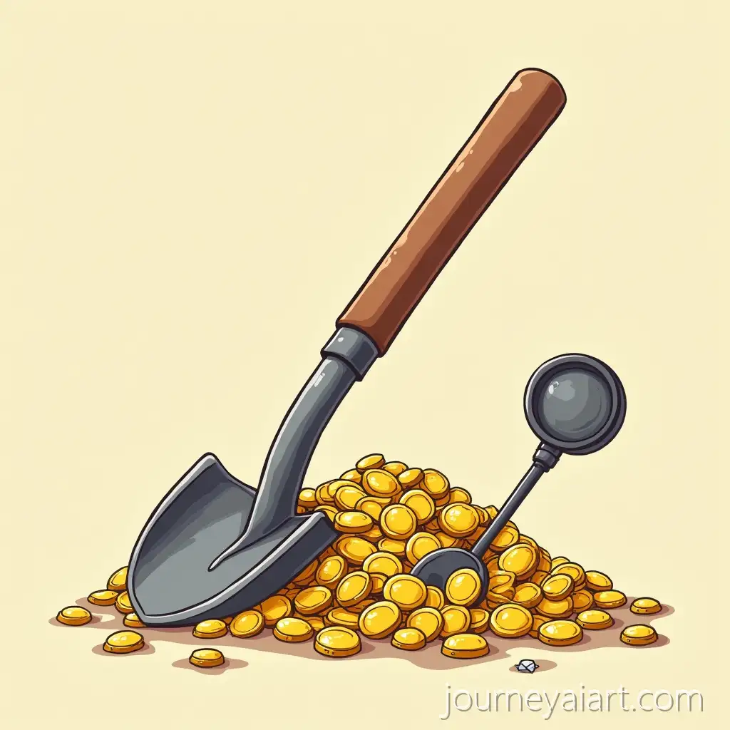 Cartoon-Shovel-with-Metal-Detector-and-Treasure-Pile-of-Gold-and-Diamonds