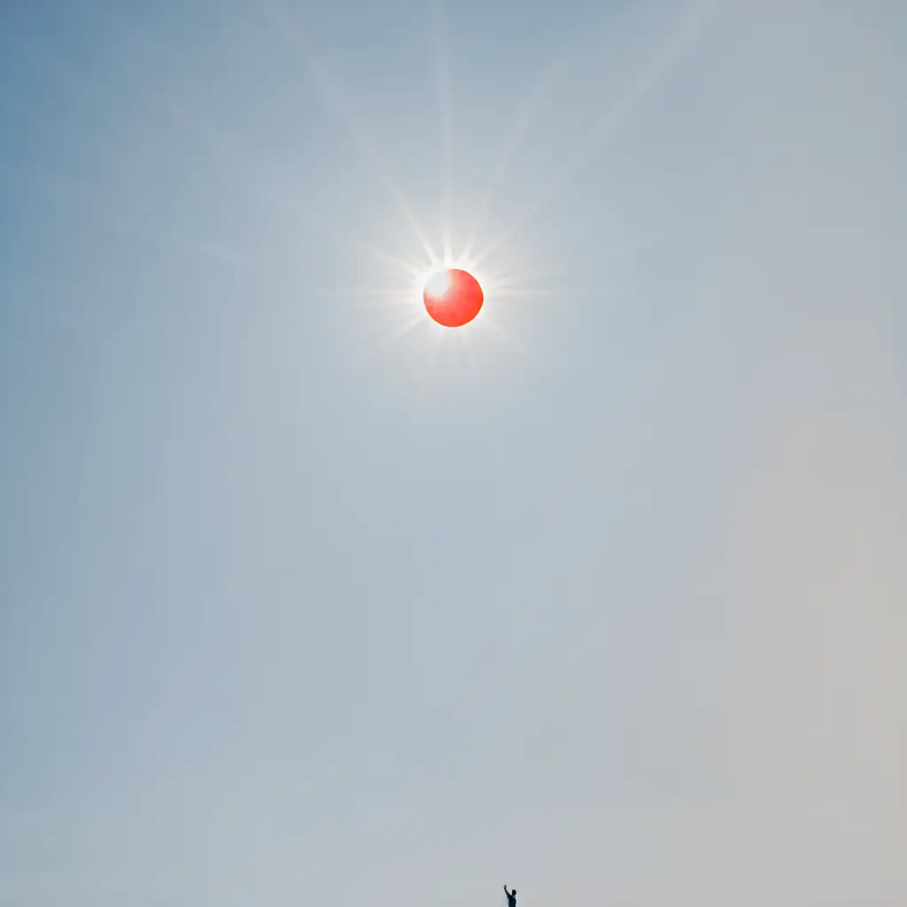 Man Reaching for the Sun in Dark Blue and Red Colors