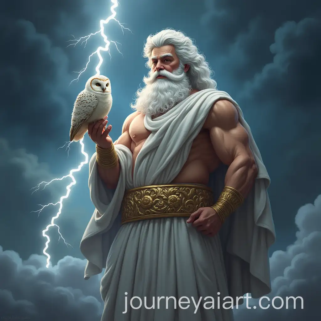 Zeus-Holding-a-White-Owl-on-a-Cloud-Amidst-Lightning