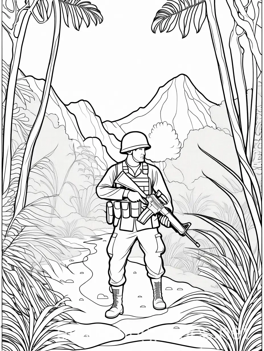 ARMY MAN Escape the Jungle, Coloring Page, black and white, line art, white background, Simplicity, Ample White Space. The background of the coloring page is plain white to make it easy for young children to color within the lines. The outlines of all the subjects are easy to distinguish, making it simple for kids to color without too much difficulty