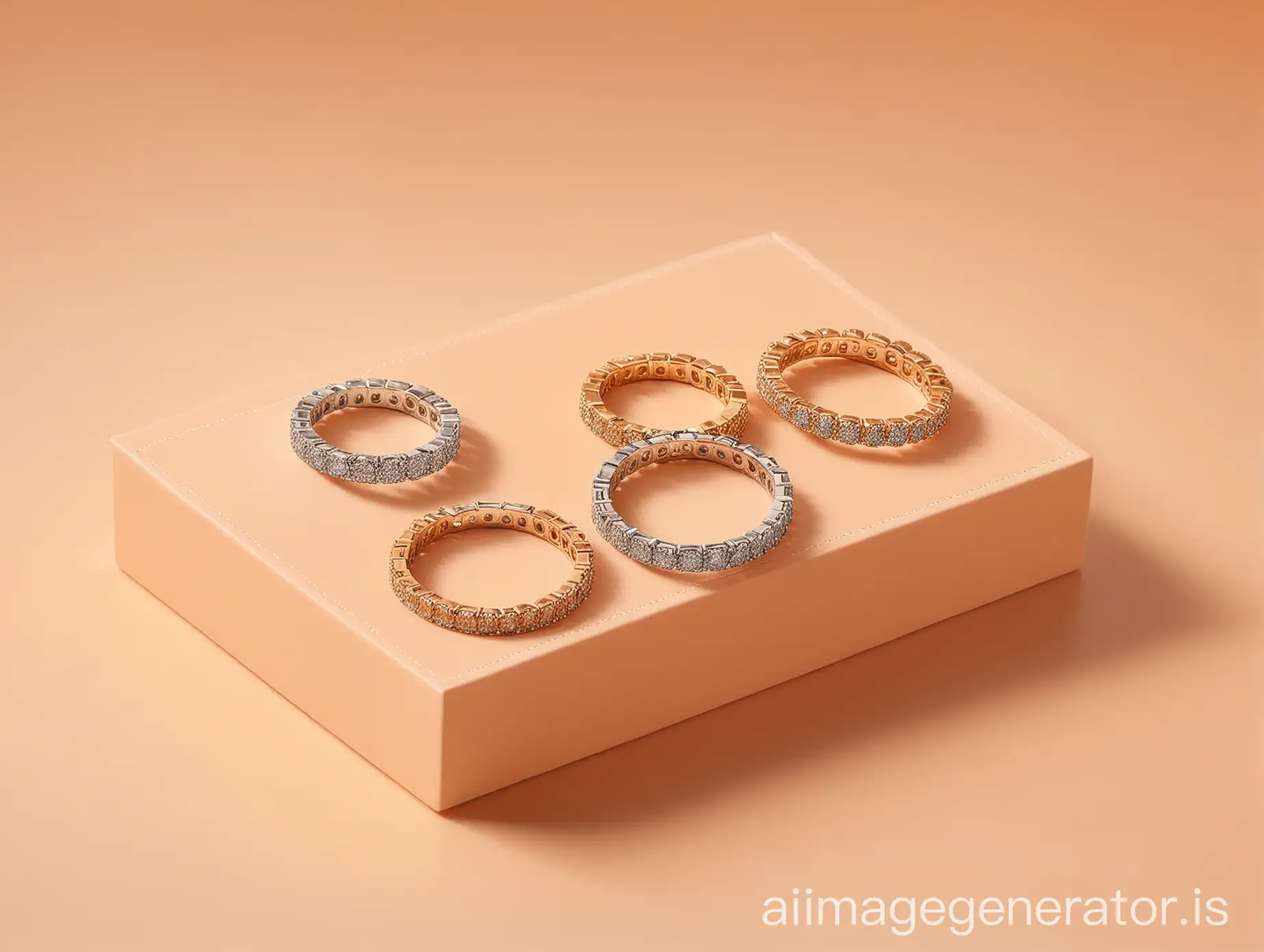 give me Diamond Eternity Band Collection on Light Orange Gradient Color Podium Box Object.