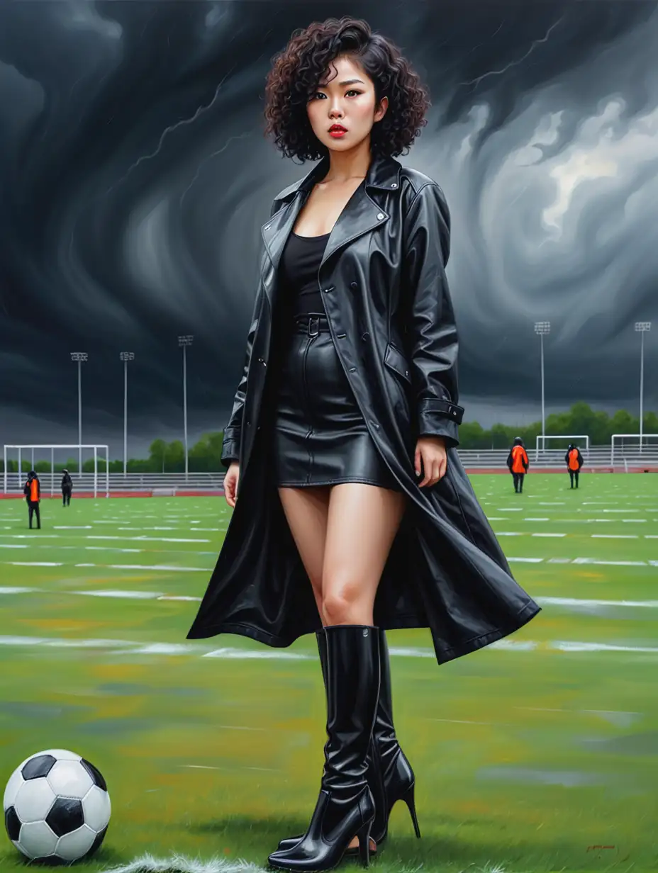 Confident-Asian-Woman-in-Black-Leather-Coat-on-Football-Field-in-Stormy-Weather