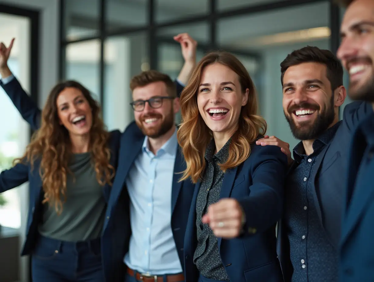 Group of happy businesspeople celebrate their successful project. Professional business team win and proud of their project at modern office. Successful teamwork, happy colleague, workplace. Tracery.