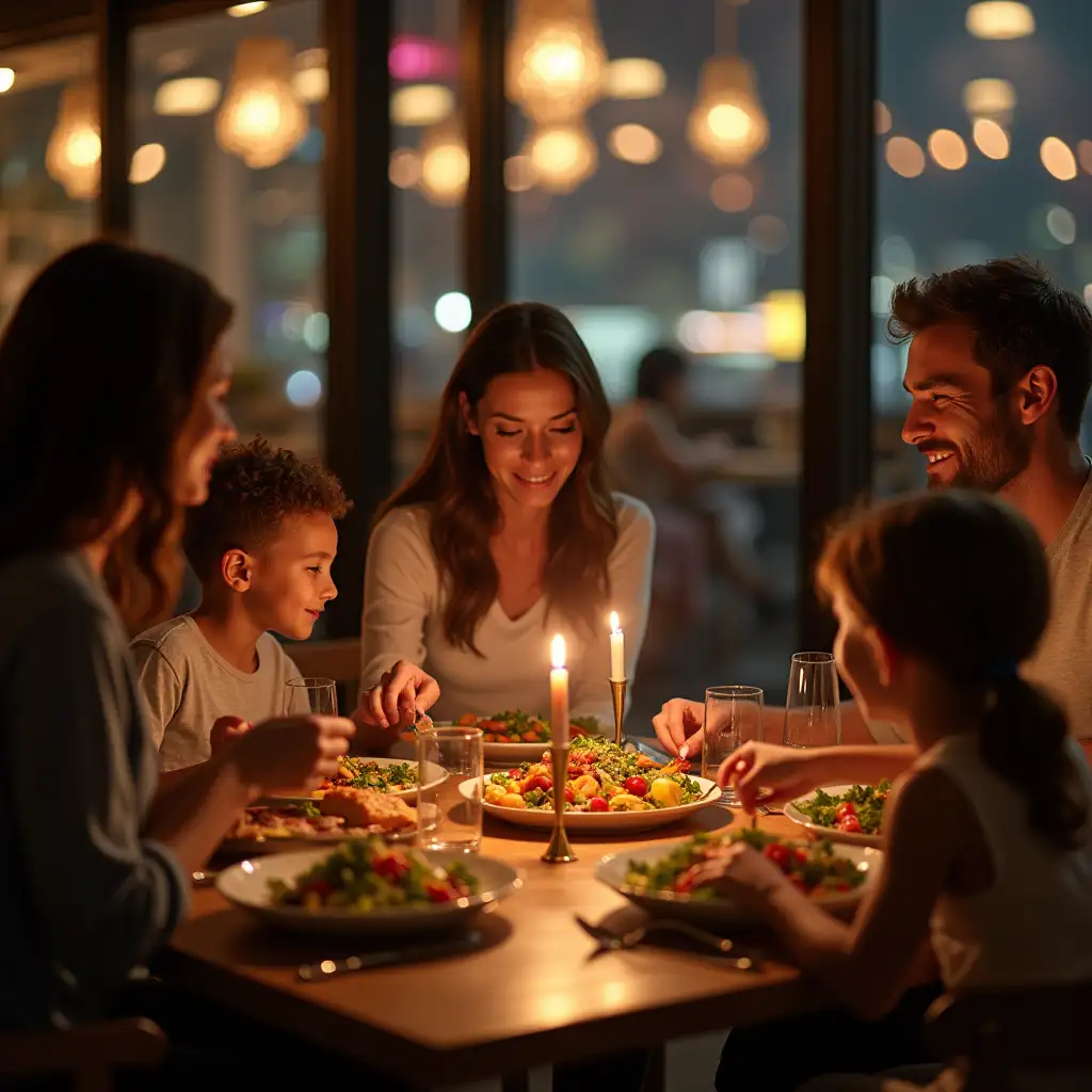 A hyperrealistic image of a radiant, healthy, white-raced woman (age 35-44) with her husband and kids, all enjoying a nutritious dinner at an upscale, warmly lit restaurant. The woman is seated at the center of the table, gently smiling as she serves a plate of colorful, fresh salads and lean protein, with her family eagerly partaking in the meal. Subtle candlelight flickers, casting a soft glow on their content faces. Outside the large window, the sun sets behind a bustling cityscape, reflecting golden hues across the restaurant’s chic wooden furniture and glass decor. The overall ambiance feels cozy and inviting, full of love and laughter, with a sense of togetherness emanating from their joyful expressions. Cinematic photography style, captured with a high-end DSLR, shallow depth of field with soft bokeh lights in the background. Negative prompt: unnatural skin tones, exaggerated facial expressions, blurry image, awkward body positions, unrealistic food colors, dark or gloomy atmosphere, low-resolution textures, cluttered backgrounds, plastic-like surfaces, emotionless faces, stiff postures, chaotic environment.