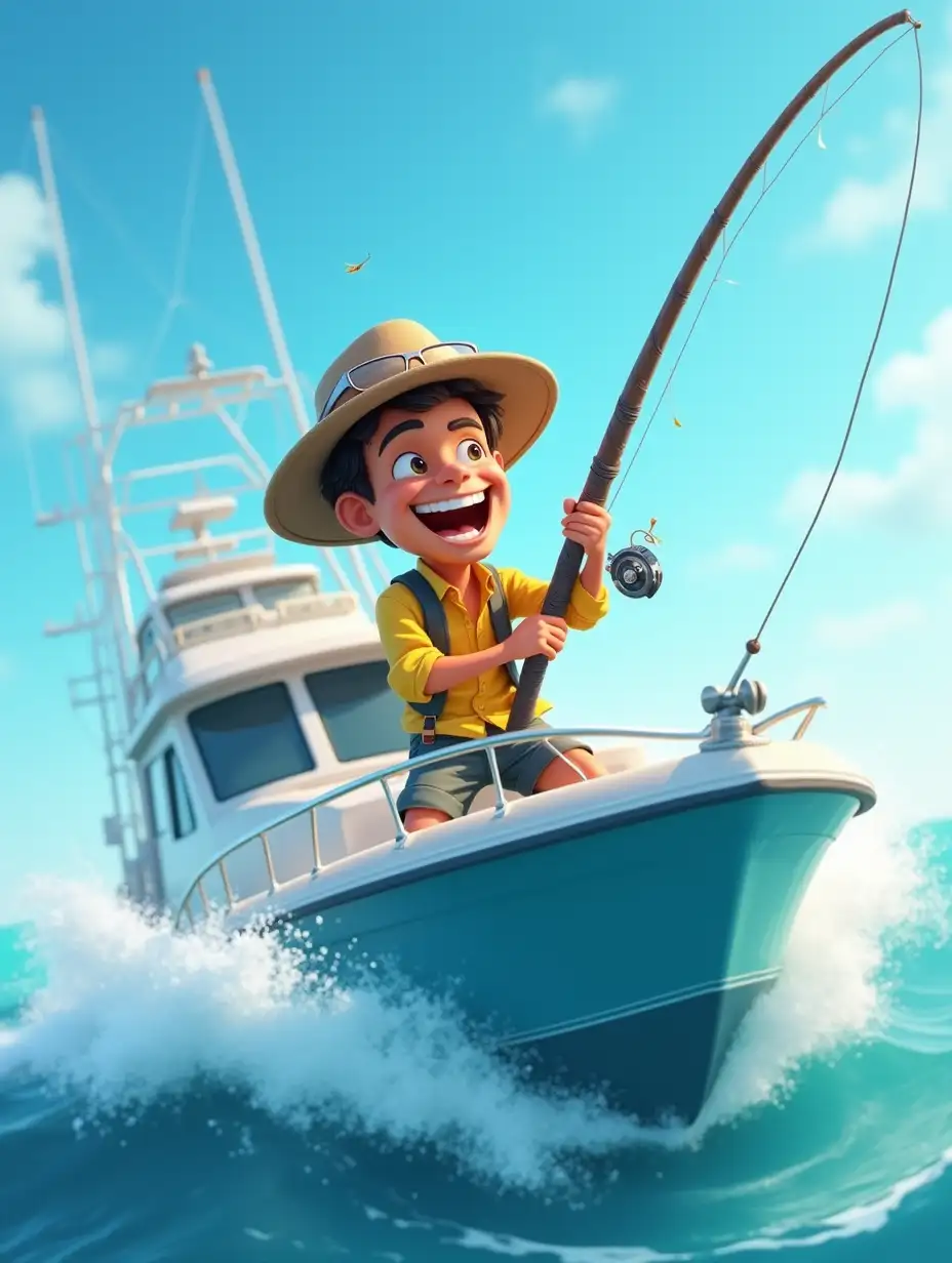 3D cartoon of Mr. jones on an exclusive charter boat vacation, reeling in a big fish, dynamic action of the boat on a wave. Fisherman's hat with lures, excited smile on his face, tropical exotic location.