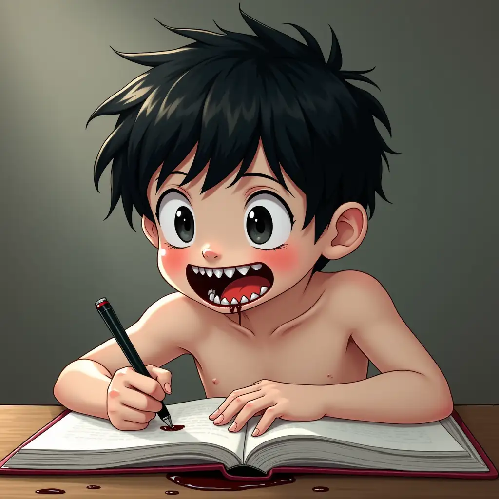 Boy, child, 10 years old, black hair, black eyes, white skin, shirtless, sitting at desk, writing in open book, smiling, sharp teeth, drooling black blood.