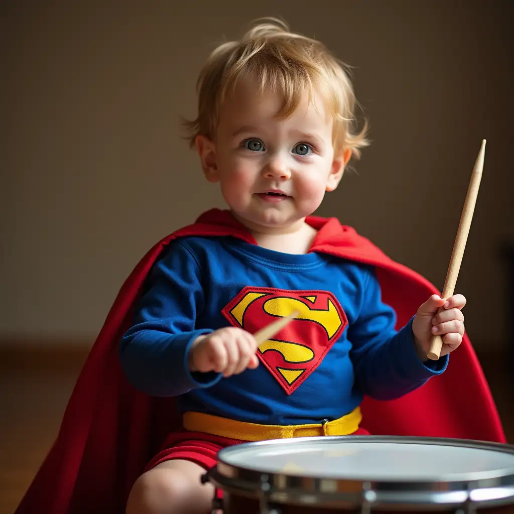 Toddler in superhero costume, playing drum