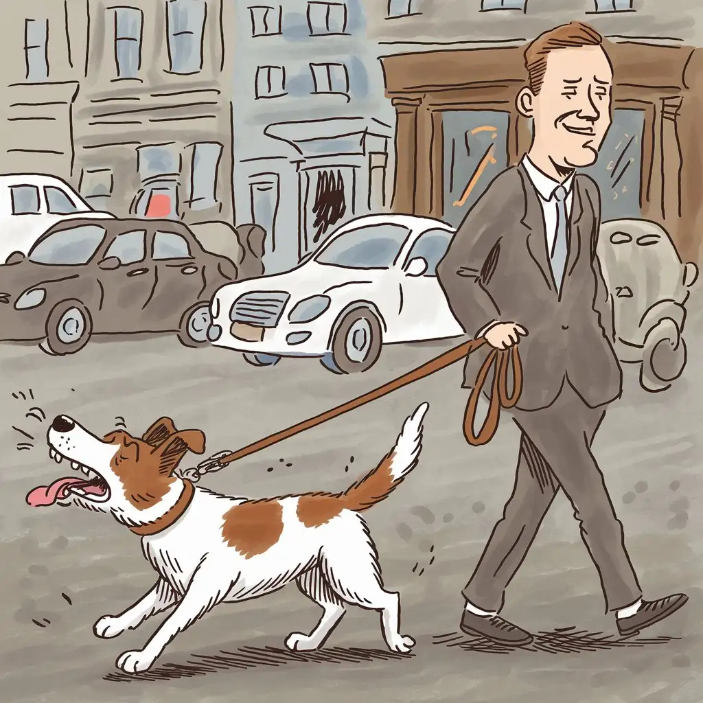 Person-Leading-a-RelAI-Image-Expansionuctant-Dog-on-a-Leash-to-the-Bar-in-a-Humorous-Scene