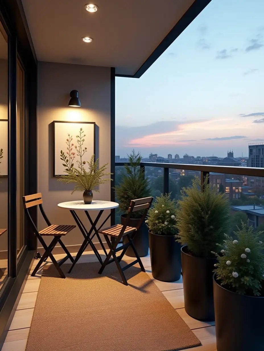 Cozy-Scandinavian-Balcony-with-Urban-Sunset-View-and-Natural-Decor