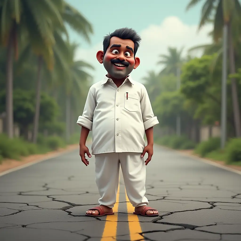 Create an image of a Tamilnadu politician standing on the road with a white shirt and the roads are cracked with an animated face