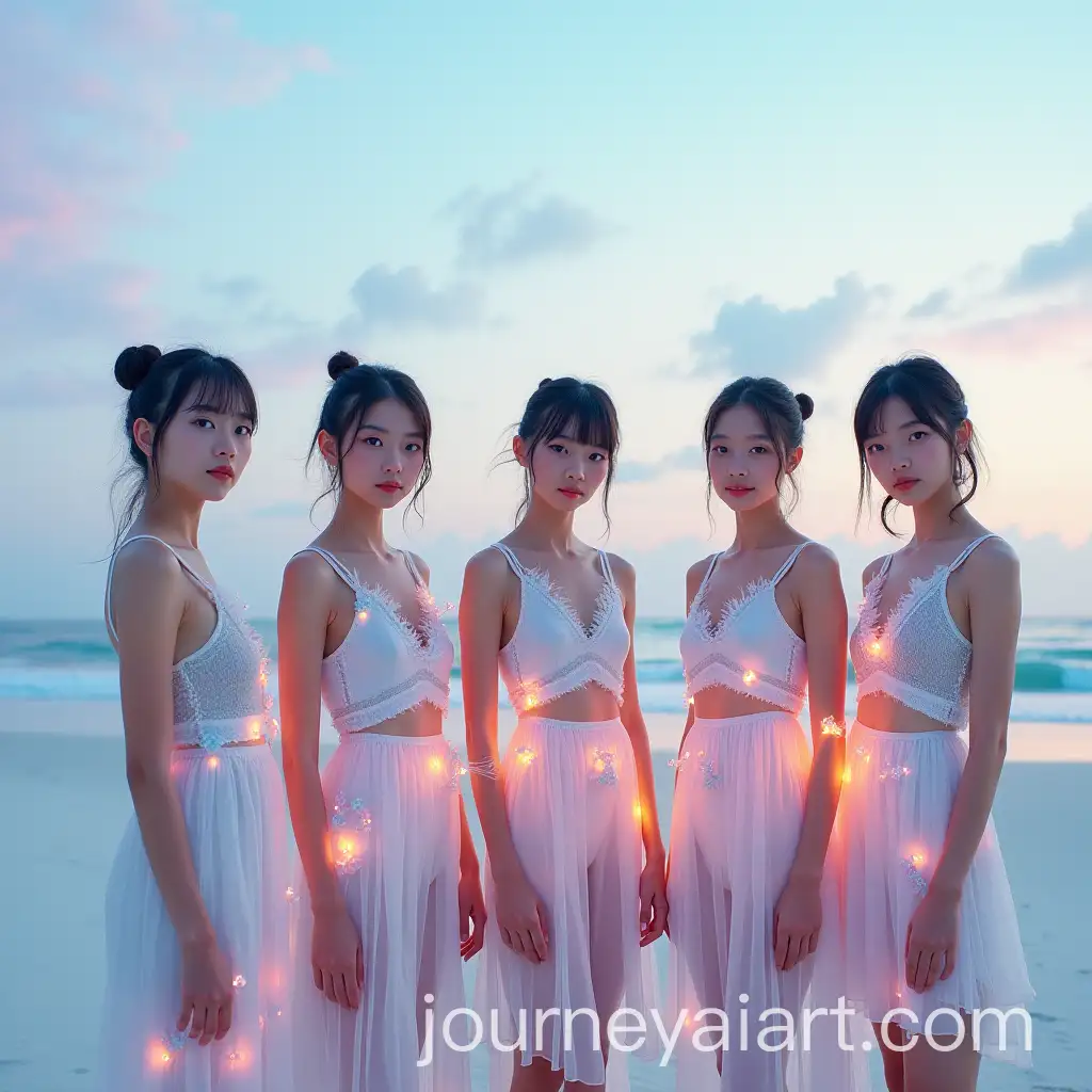 Six-18YearOld-AsianAI-Image-Prompt-Expansion-Girls-with-Futuristic-Hairstyles-on-a-NeonLit-Beach