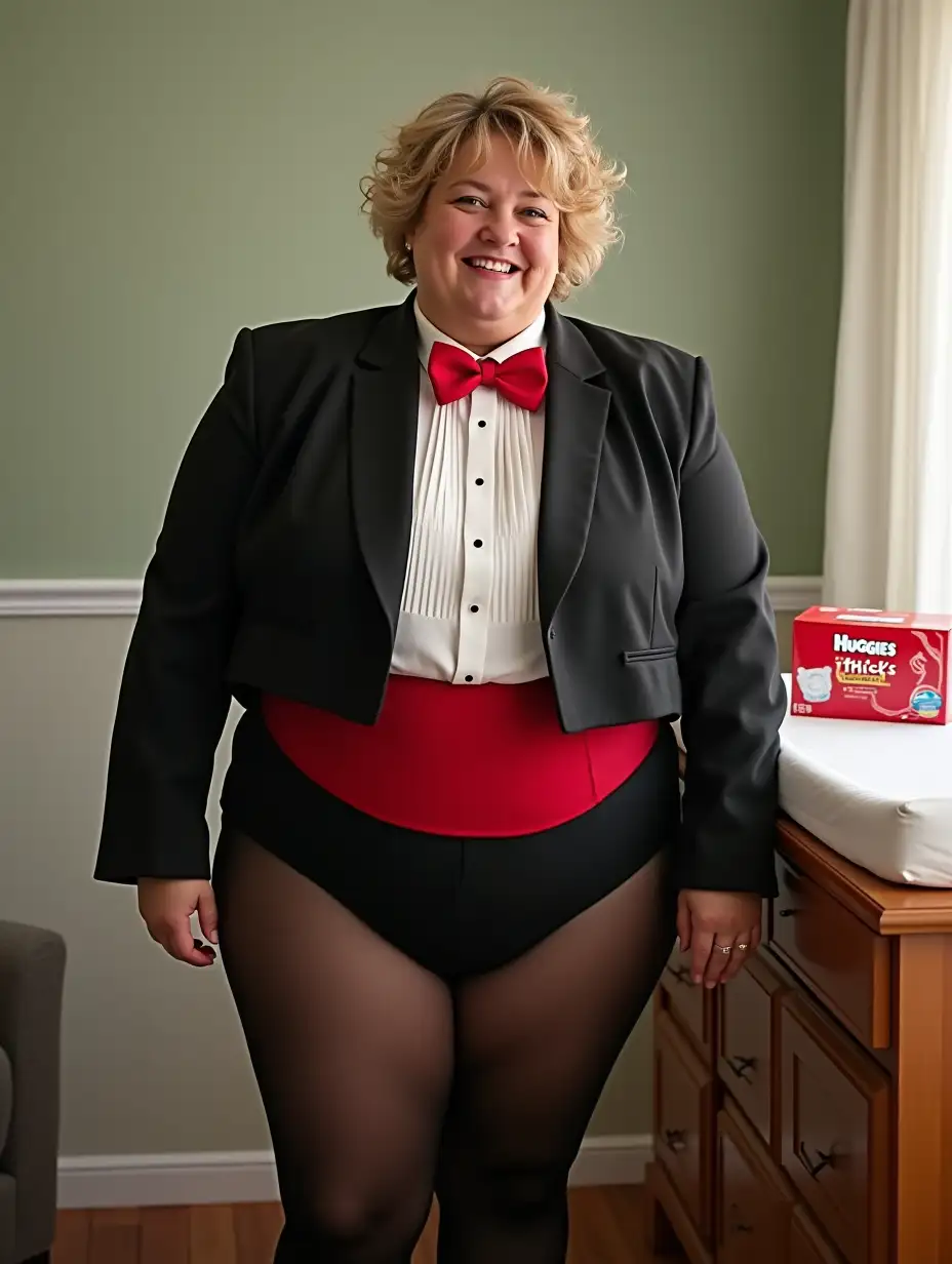 Smiling-MiddleAged-Woman-in-Formal-Tuxedo-Unfolding-Diaper-at-Nursery-Changing-Table