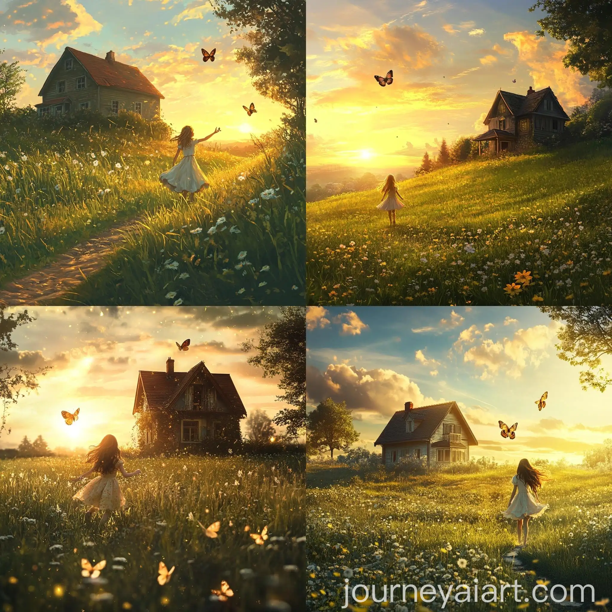 Beautiful-Girl-Chasing-Butterfly-in-Green-Field-at-Sunset