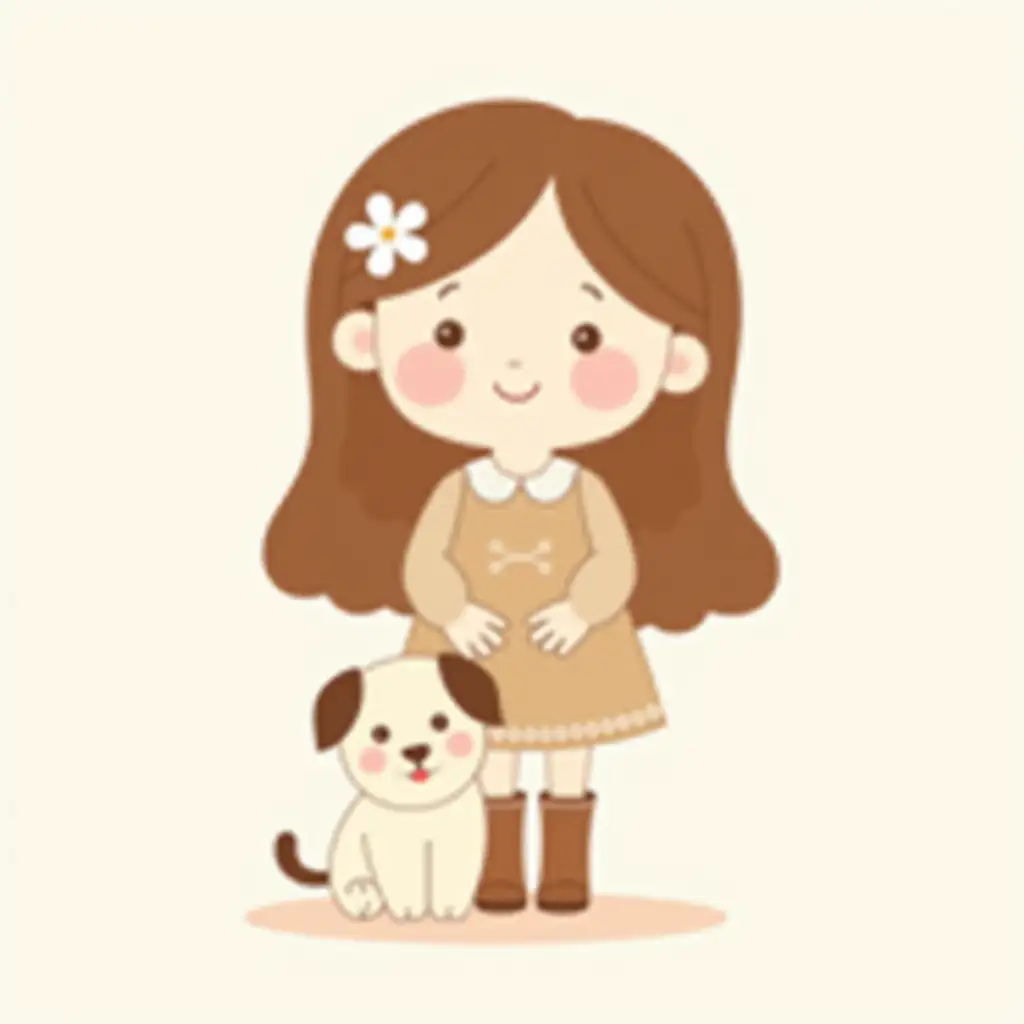 Cute-Cartoon-Logo-of-Girl-with-Brown-Hair-and-White-Puppy-in-Minimalist-Style