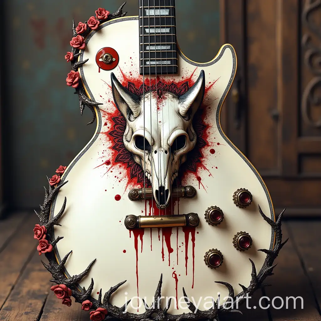 Intricate-Artwork-of-a-White-Les-Paul-Guitar-with-Fox-Skull-and-Victorian-Flourishes