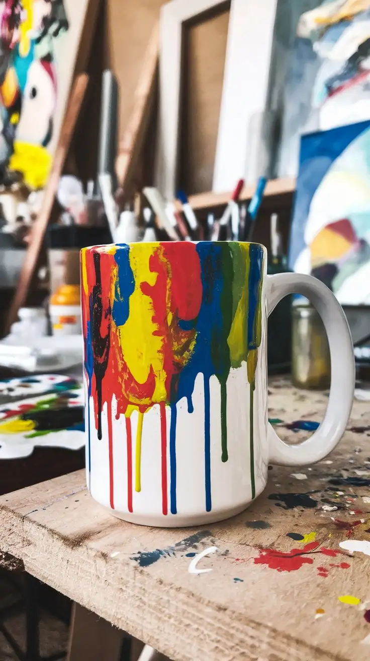 White-Mug-with-Colorful-Acrylic-Drip-Painting-in-Art-Studio