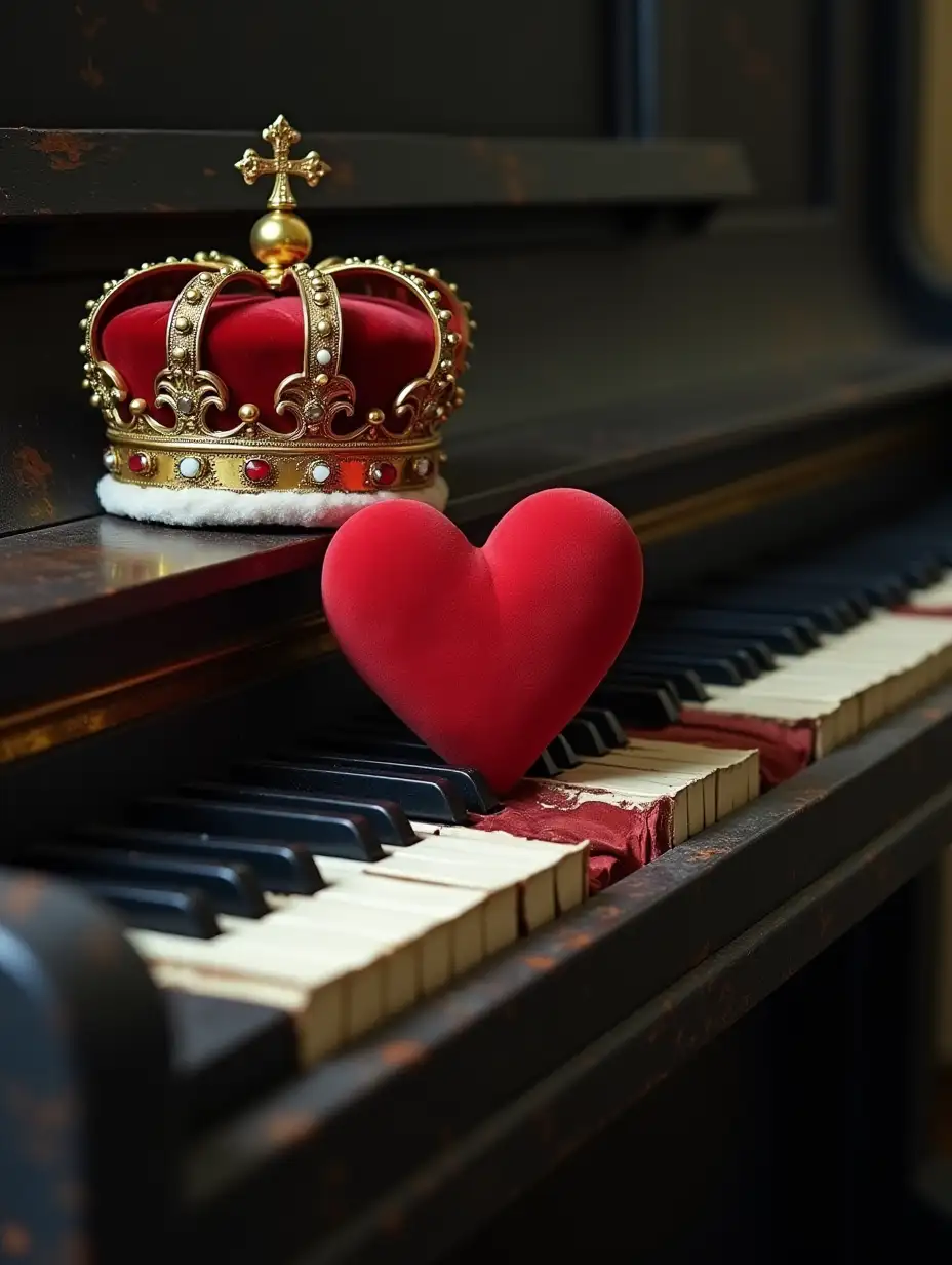 A broken piano with a heart and a royal crown on it.