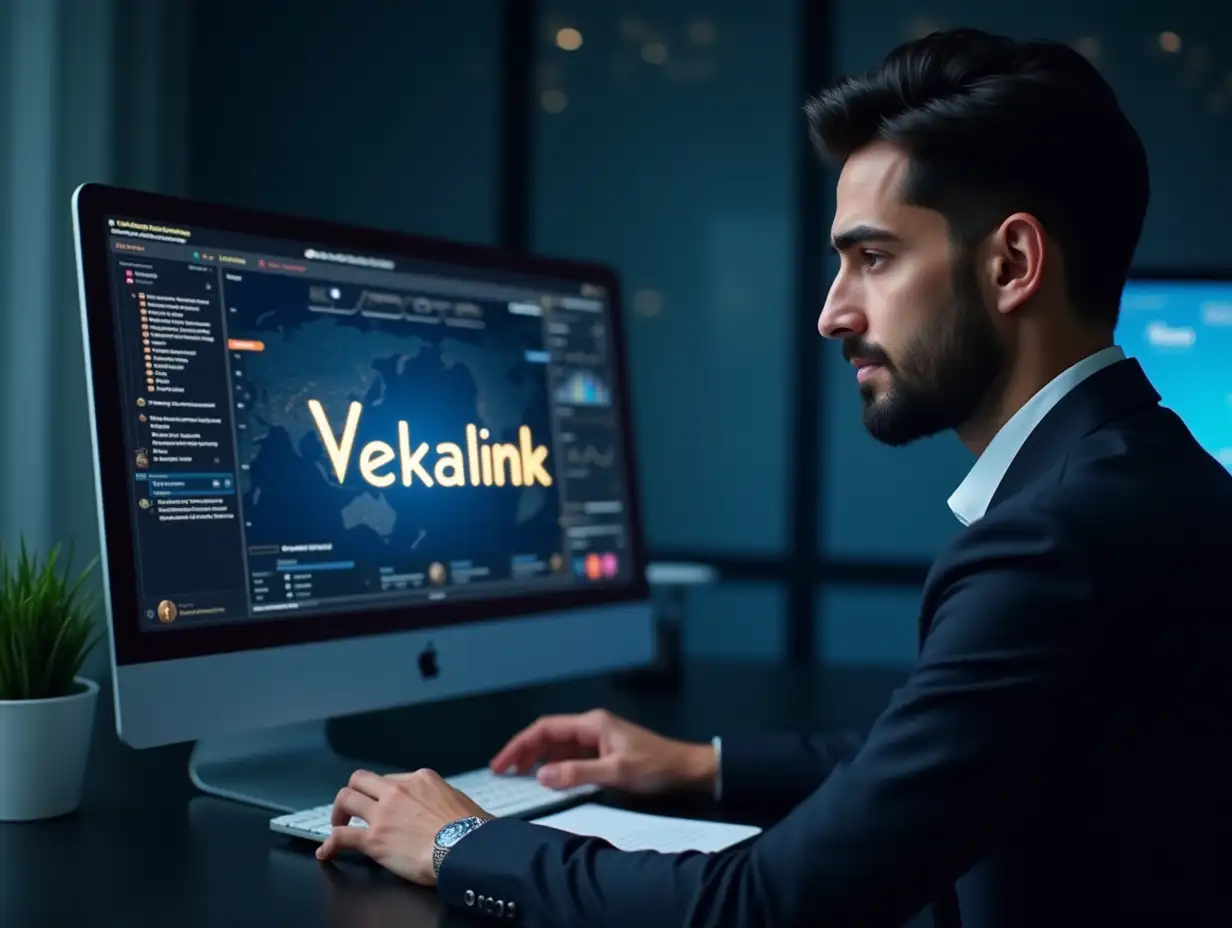 A hyperrealistic photograph of an Iranian lawyer (male with dark hair according to your preference) working with a digital platform featuring a modern and user-friendly interface. The brand name 'Vekalink' is prominently displayed on the screen. The lawyer is providing legal services to clients (online consultation, document review, etc.), and the Vekalink platform helps him or her to perform tasks more quickly and efficiently. The color palette includes deep indigo/purple-blue, white, and light gold, conveying professionalism, efficiency, and technological innovation. The entire image should have a photorealistic quality, with a focus on detail and realism.