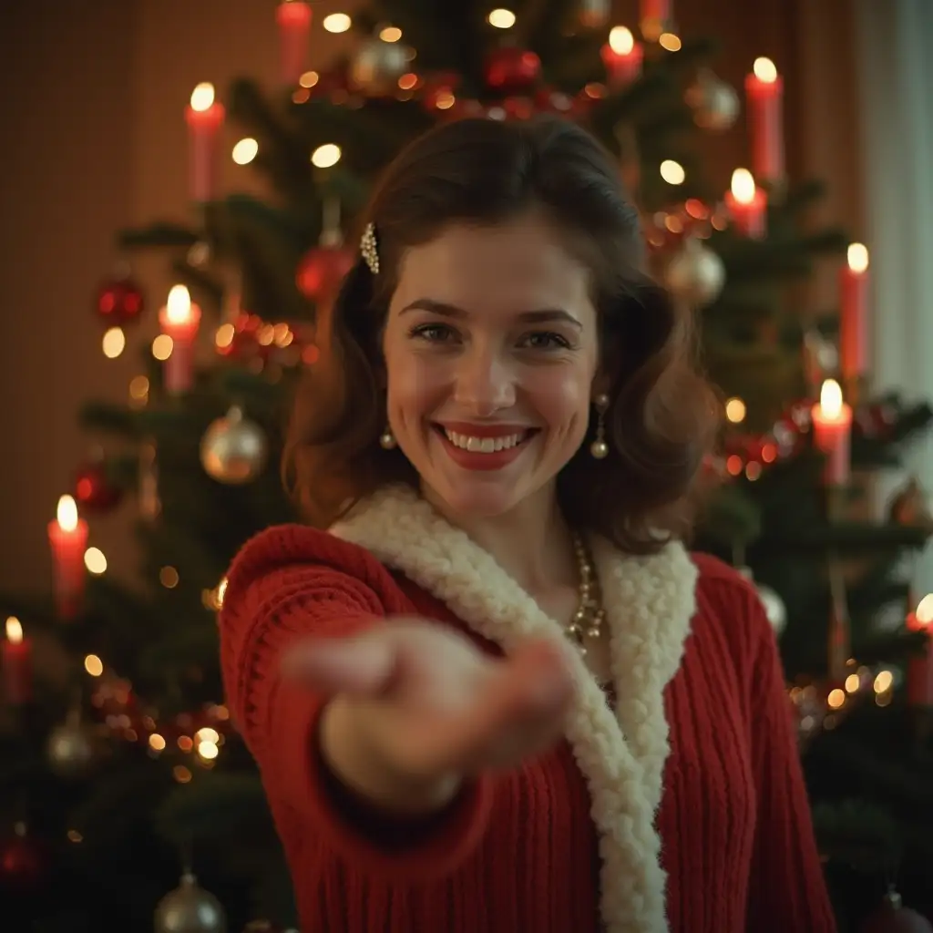 The scene: 1980, a young woman in festive clothing stands in a German living room from the 80s in front of the lavishly decorated Christmas tree, real candles are burning on the tree and are spread out on the various fir branches. The young woman wears a hair clip in her hair and has cute make-up and smiles sheepishly and proudly directly into the camera, she wears pearl earrings and sheepishly shows her new engagement ring on her finger stretches his hand directly and close into the camera