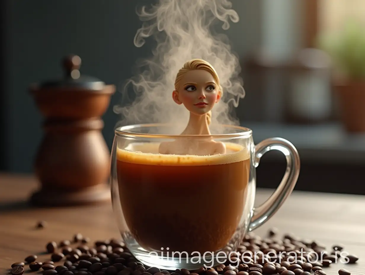 A realistic image of a clear glass mug of coffee, with the steam rising from the coffee transforming into a graceful, smoke-like, ethereal figure of a beautiful young woman. The scene is set on a kitchen counter with scattered coffee beans and a grinder in the background