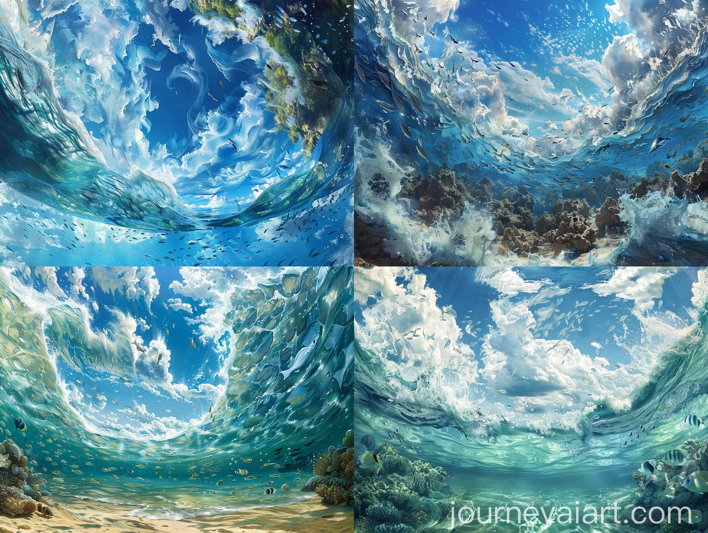 Surreal-Inverted-Ocean-with-Floating-Marine-Life-in-Blue-Sky