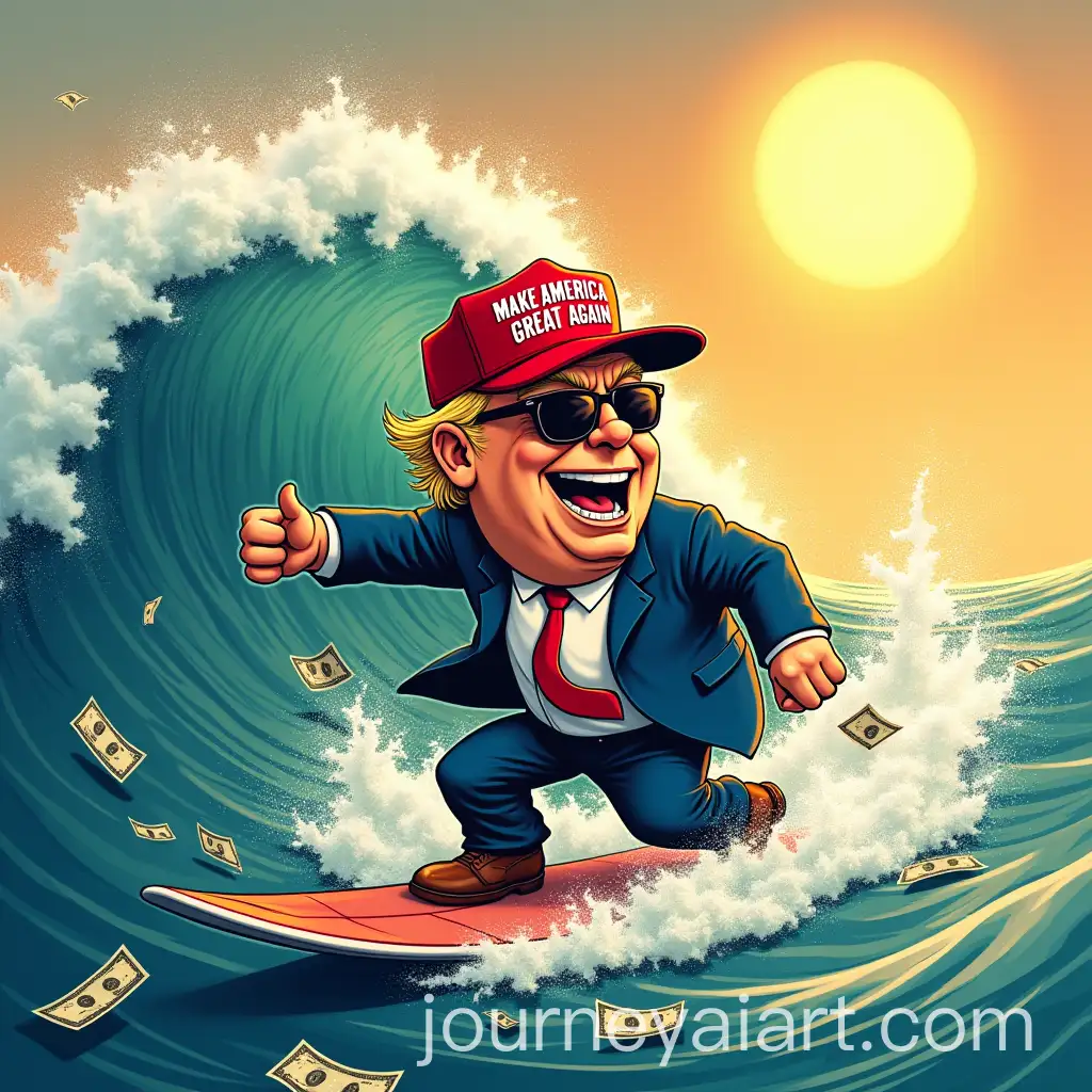 Donald-Trump-Surfing-a-Giant-Wave-of-Dollar-Bills-with-Sunset-Background