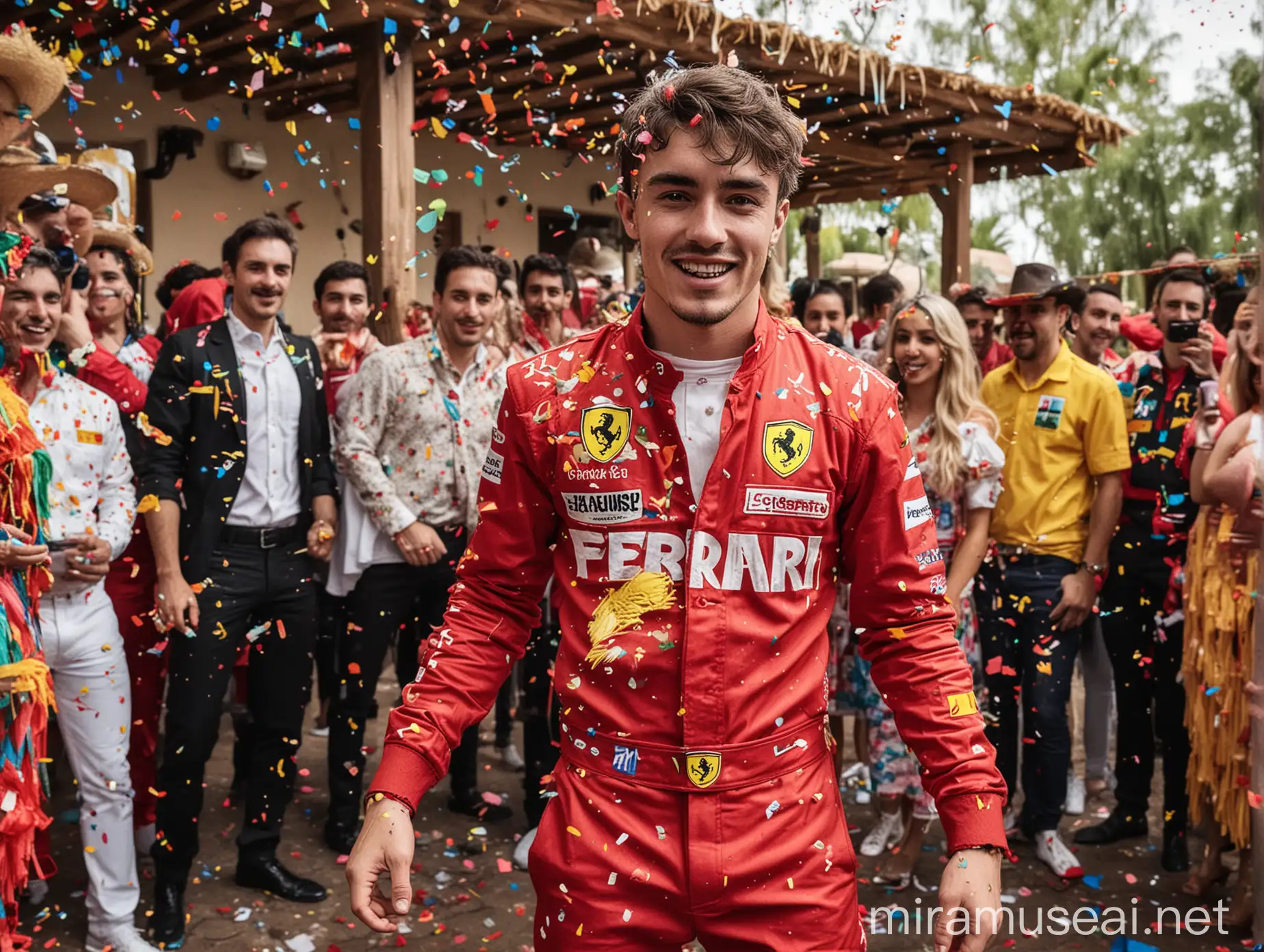 Charles Leclerc Celebrating a Birthday in Ferrari Suit at a Vibrant Mexican Fiesta