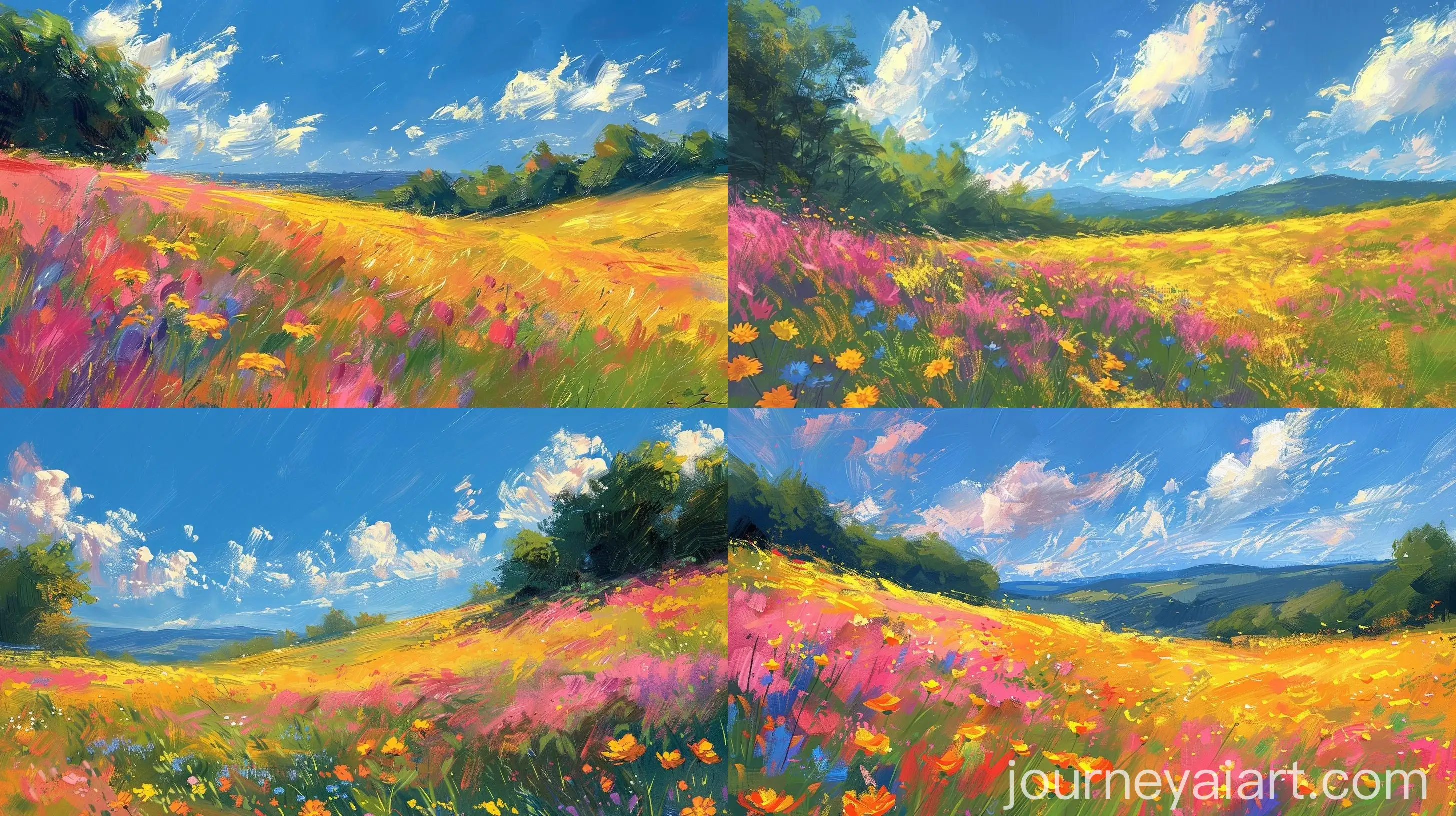 Tranquil-Grassland-Landscape-with-Wildflowers-under-Blue-Sky