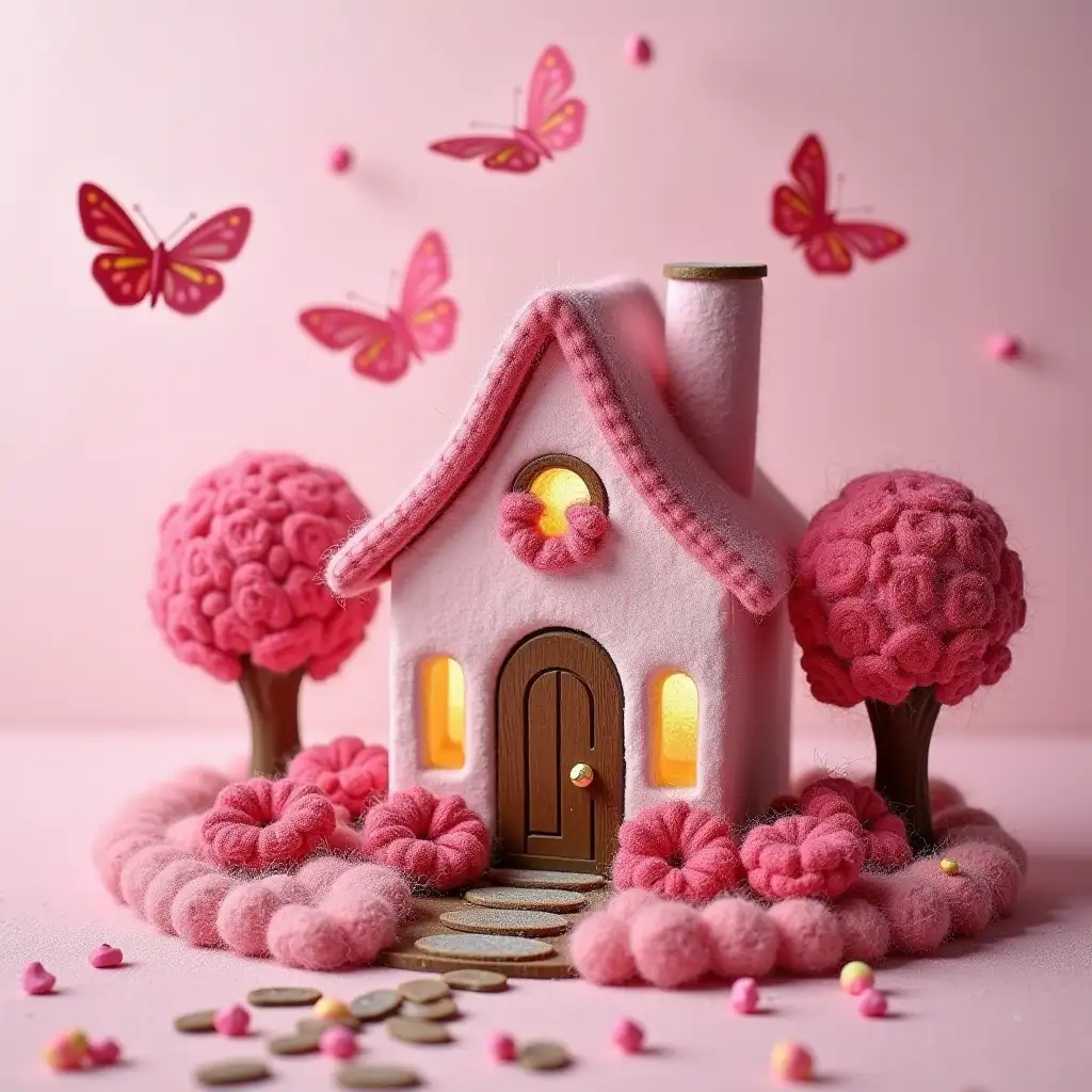 A sweetly built house pink with pink flowers and pink butterflies, chocolate floor, trees made of wool snack