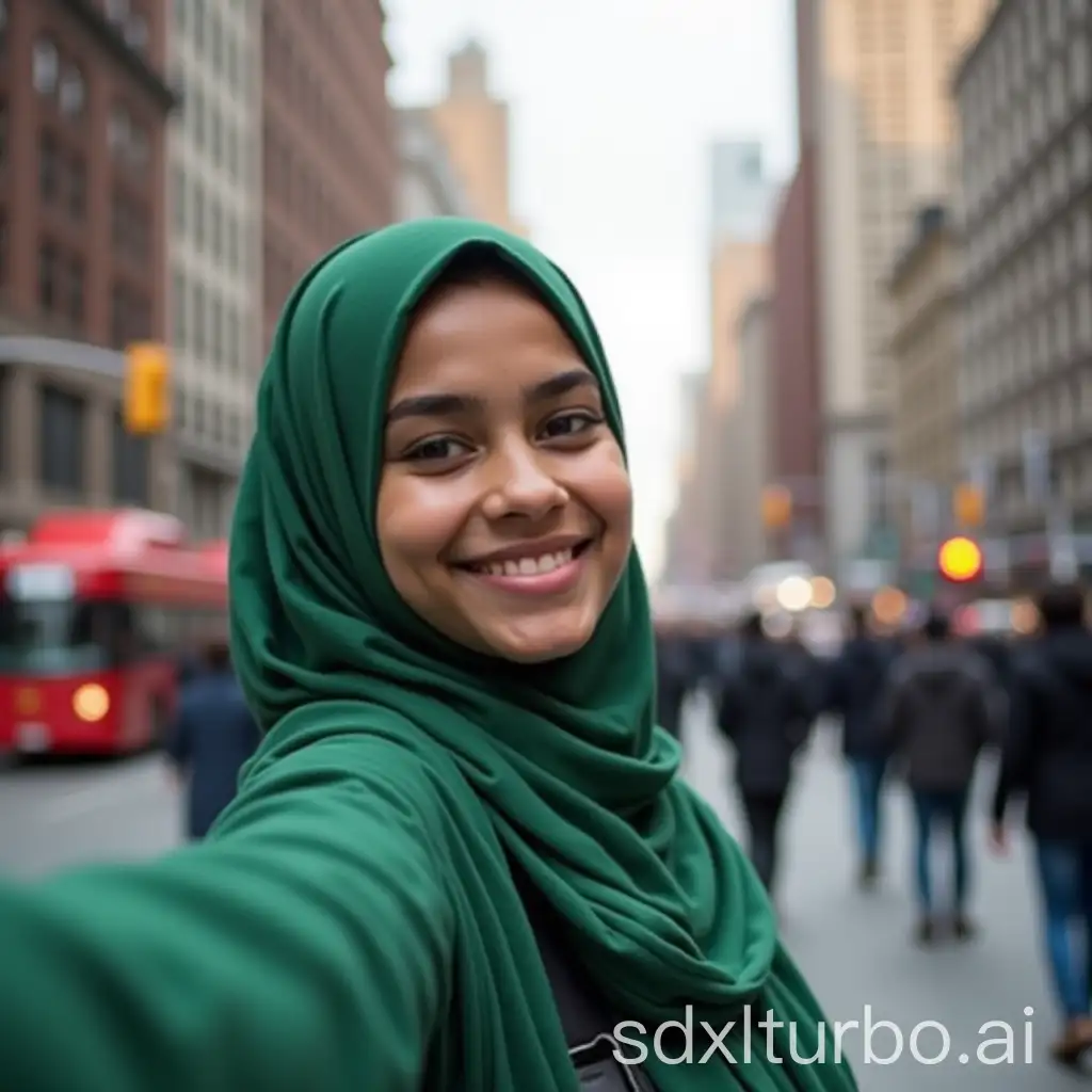 Indian-Girl-in-Green-Hijab-Taking-Selfie-on-Busy-New-York-Street