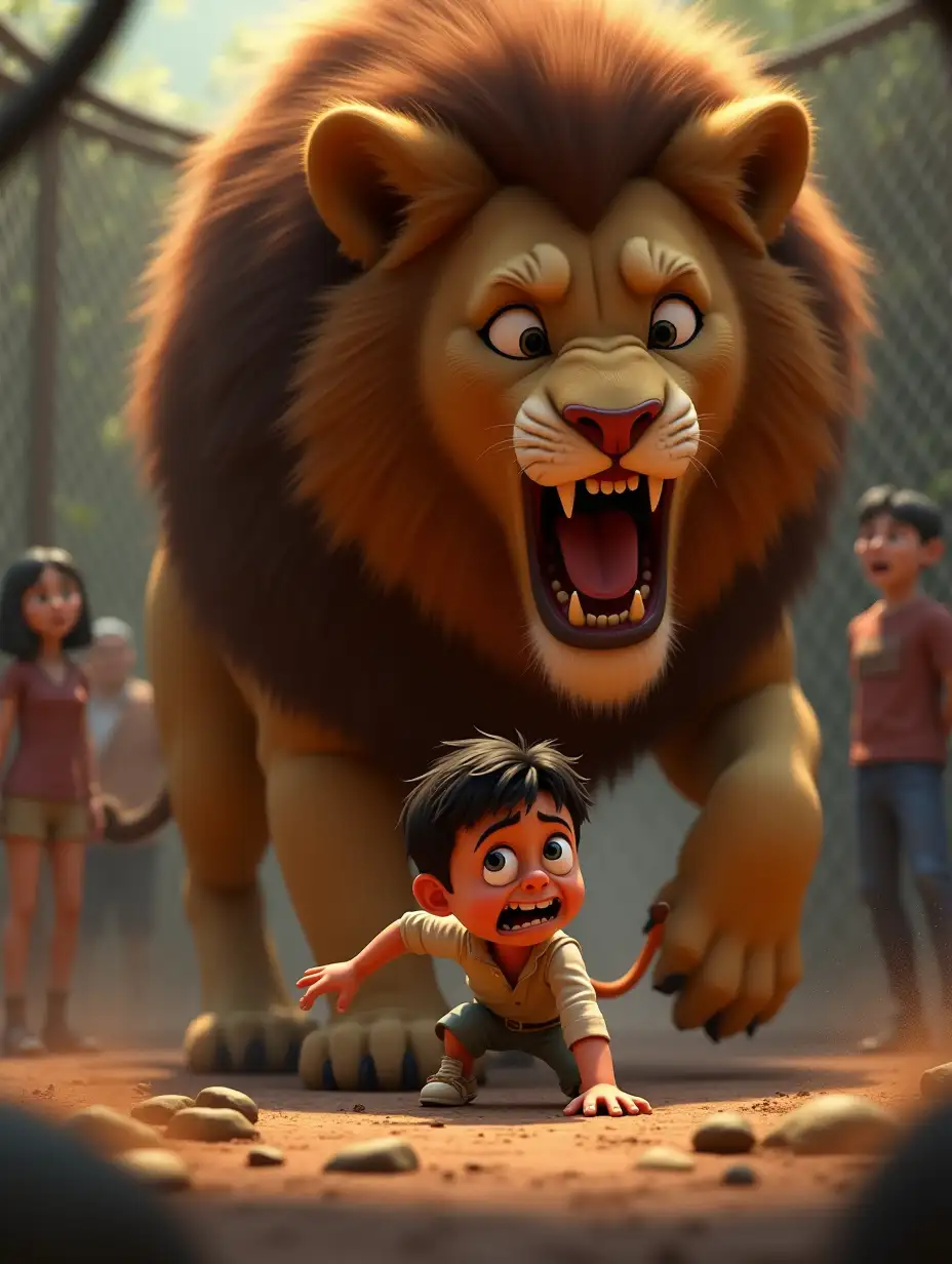 Create a tense Pixar-style 3D image where a terrified child is cornered inside the lions' cage. The huge feline, its fur glistening under the light, slowly advances with its claws sinking into the earth. The boy, his lips trembling and a tear sliding down his cheek, backs up until he collides with a rock. In the background, the blurred silhouette of his parents and the guards pound desperately on the fence, but the lion's roar silences everything. The scene captures the immense size difference between the beast and the child, reinforcing the imminent danger.