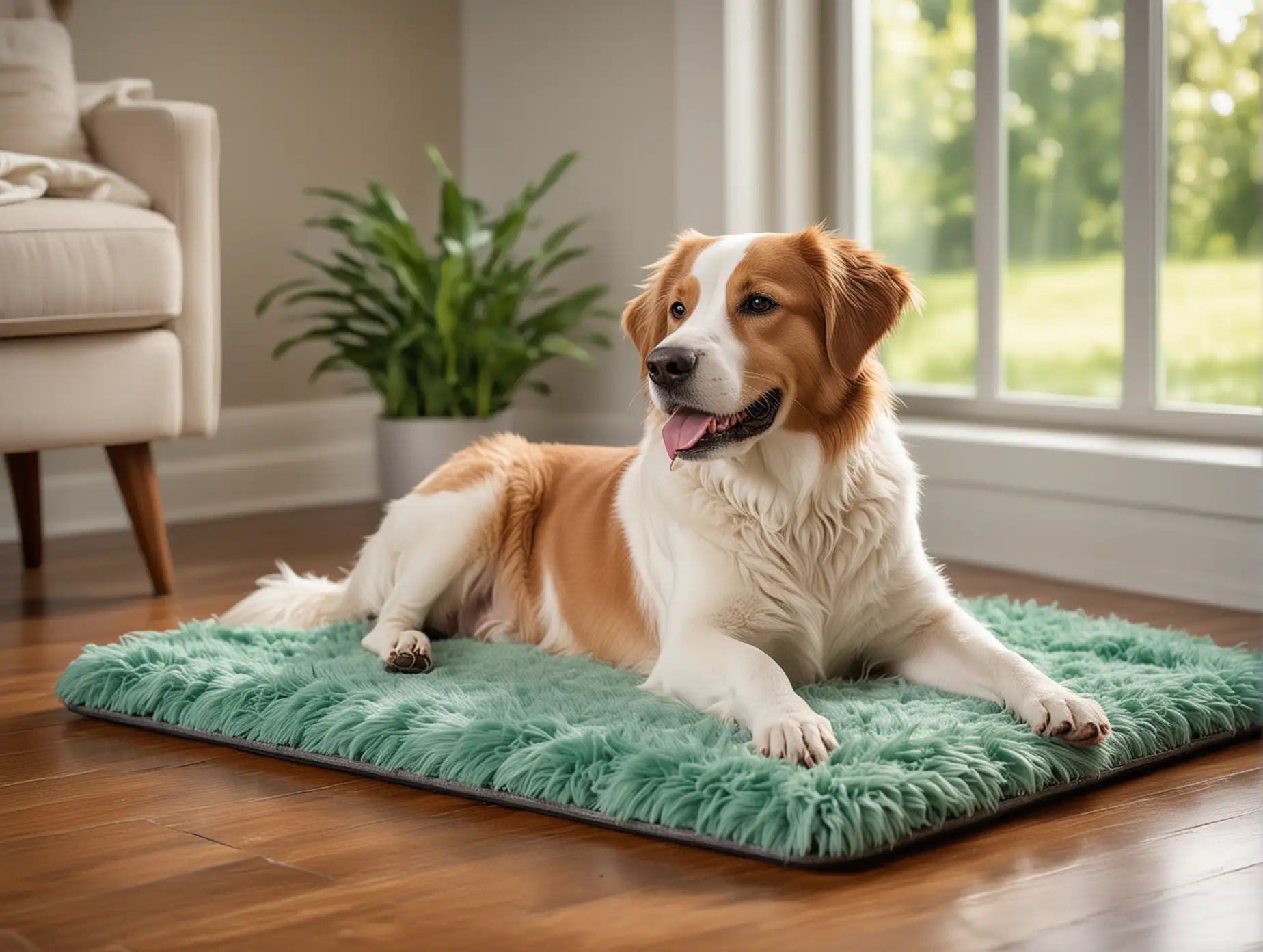 Happy Dog Relaxing on Cooling Pad in Luxurious Home Setting
