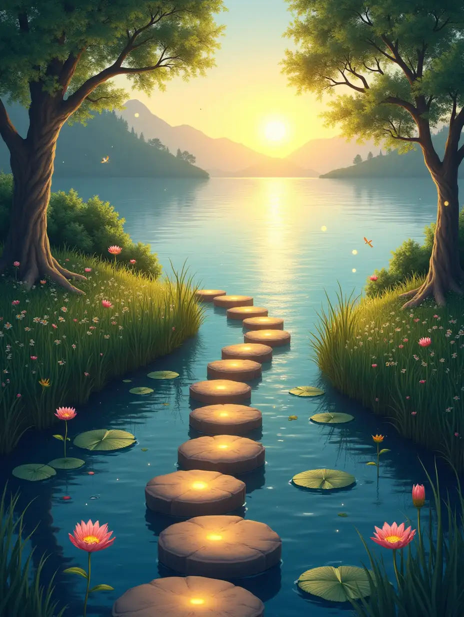 Serene-Nature-Path-with-GlAI-Image-Prompt-Expansionowing-Stepping-Stones-from-Pond-to-Lake